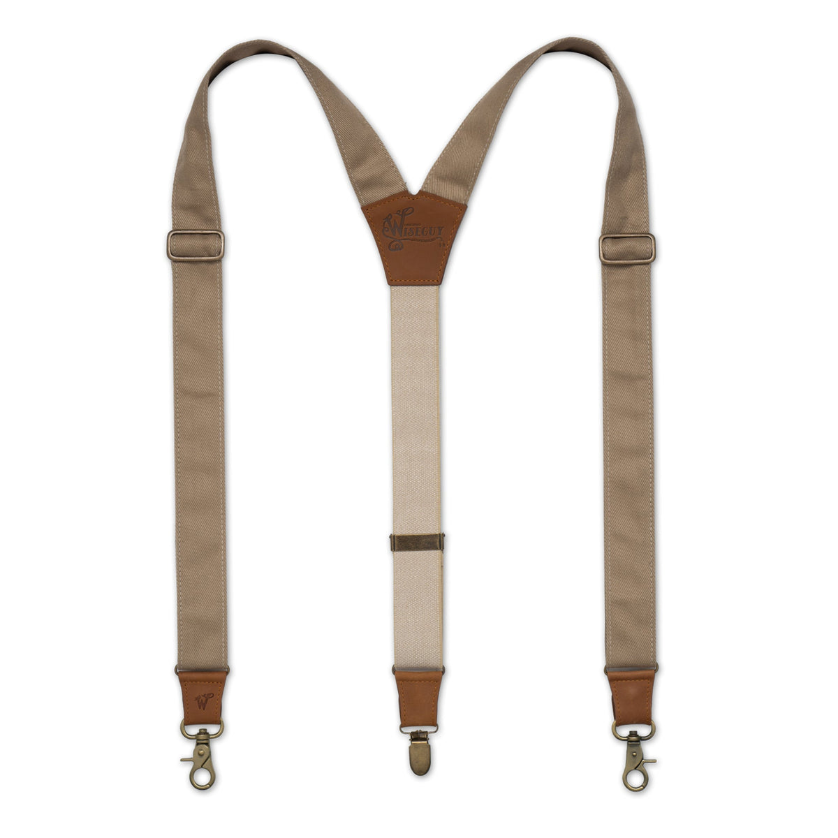 Flat lay of Beige Wiseguy Duck Suspenders with Camel Brown Authentic Nubuck Leather parts, Duck Cotton Canvas Straps, Brass Metal Hardware and Y-back design