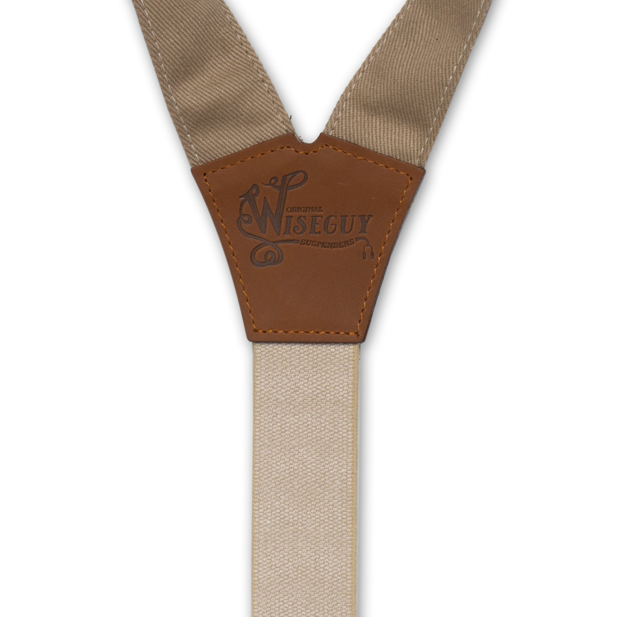 Back Detail of Beige Wiseguy Duck Suspenders with logo embossed on Camel Brown Authentic Nubuck Leather Y-connector