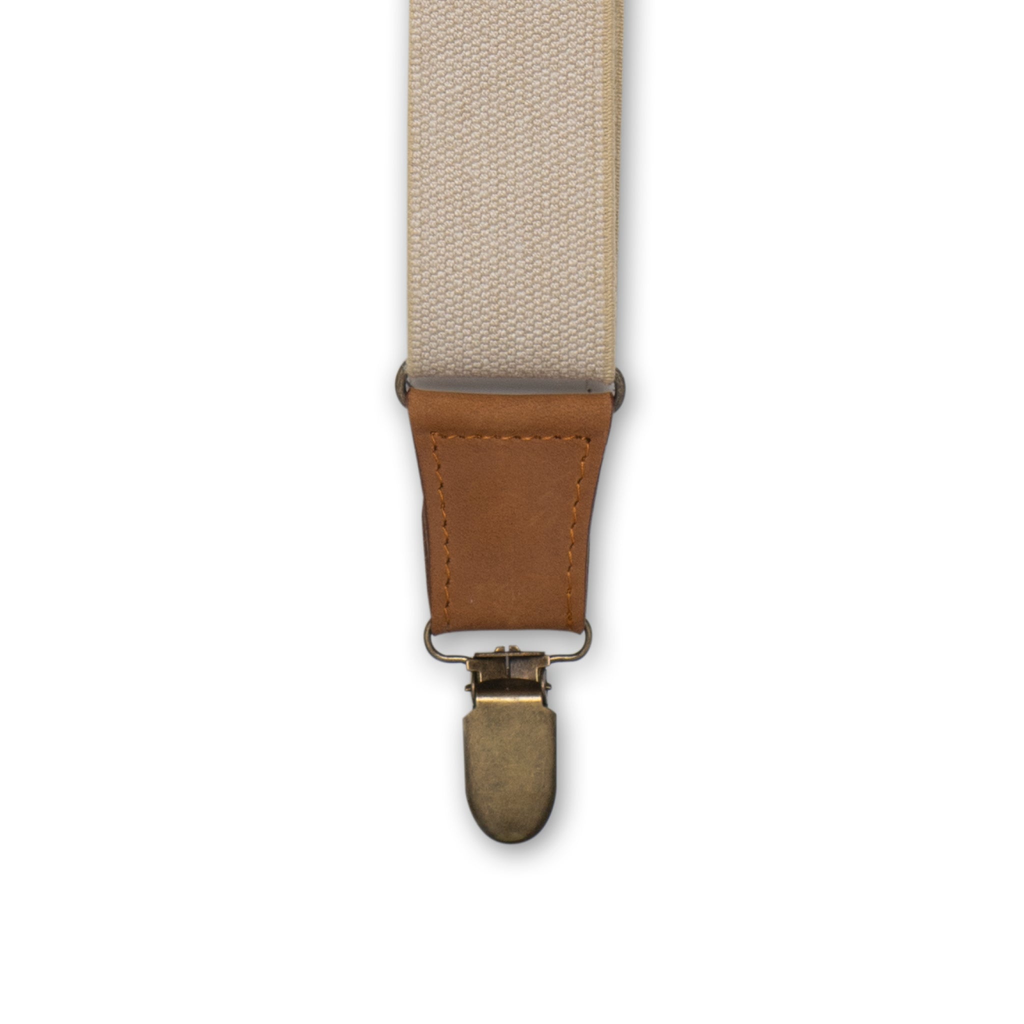 Close-up of Brass metal Clip with Camel Brown Authentic Nubuck Leather Connector on Wiseguy Duck Suspenders