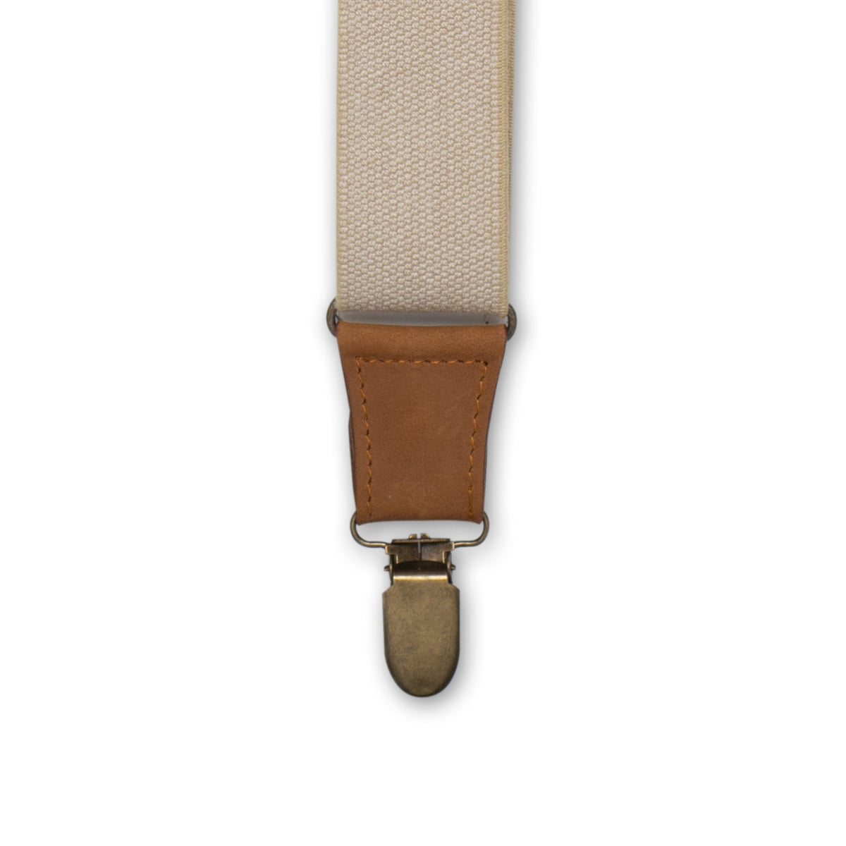 Close-up of Brass metal Clip with Camel Brown Authentic Nubuck Leather Connector on Wiseguy Duck Suspenders