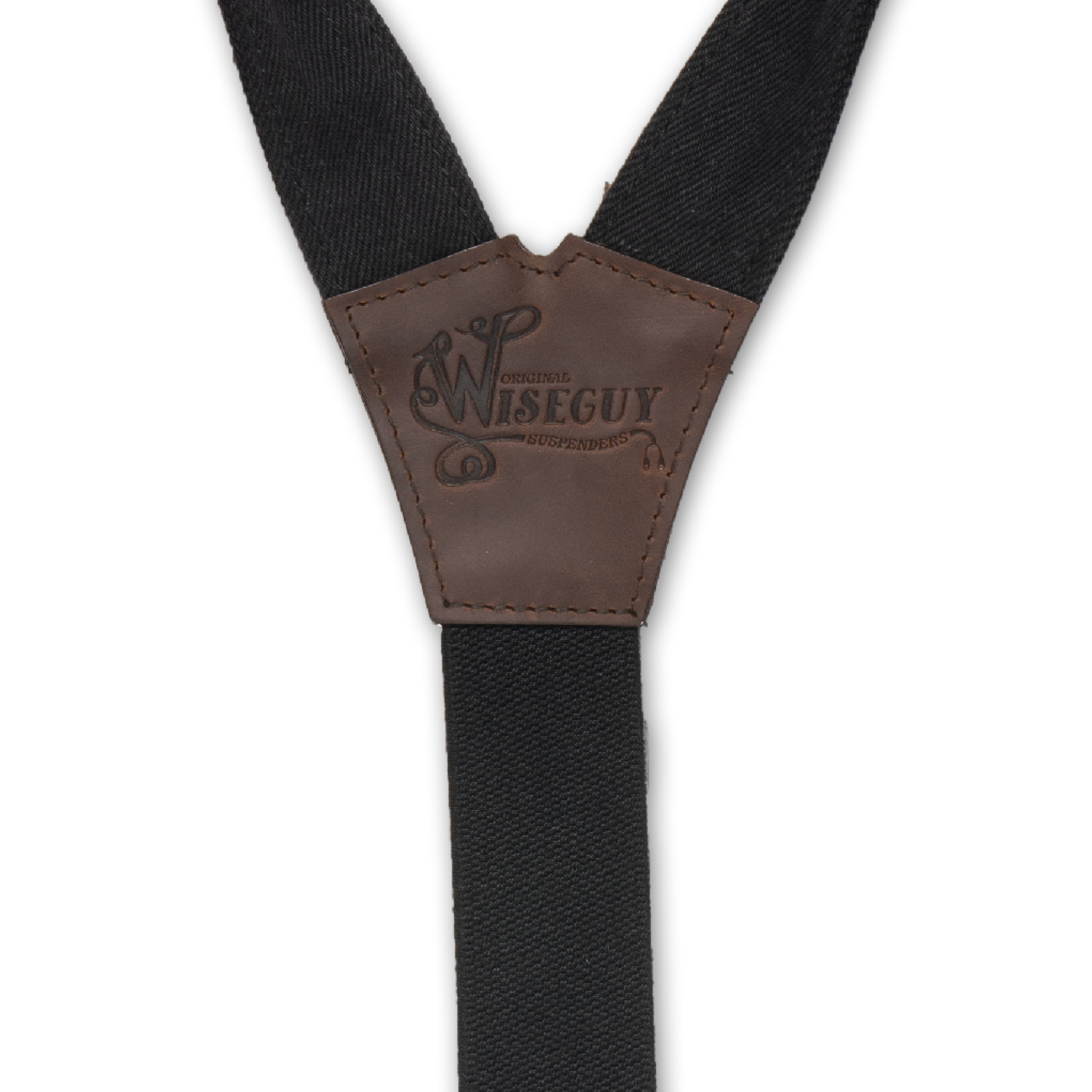 Back detail of Black Wiseguy Duck Suspenders with embossed logo on Dark Brown Authentic Nubuck Leather Y-connector.