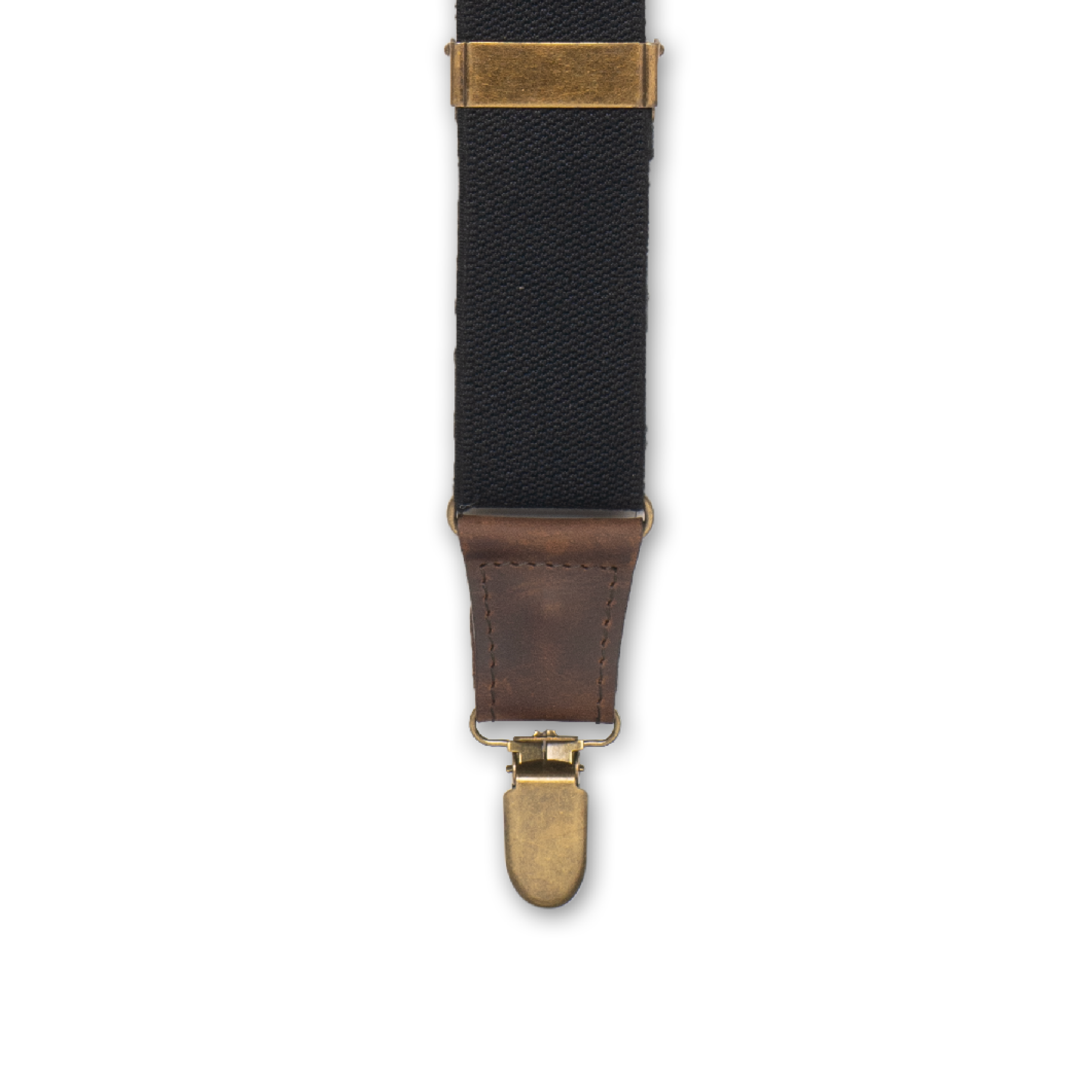 Close-up of Brass metal Clip with Dark Brown Authentic Nubuck Leather connector on Wiseguy Duck Suspenders.