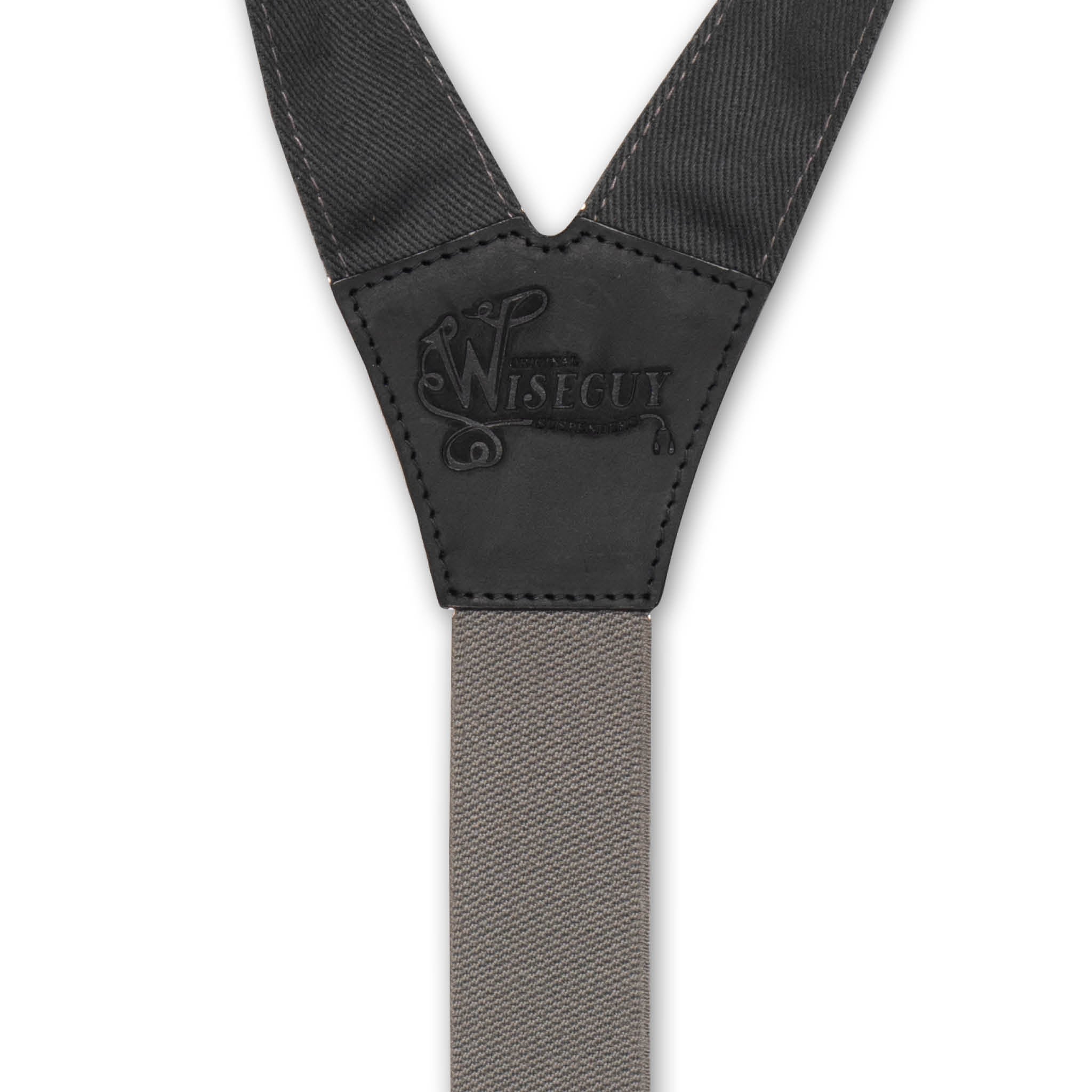 Back detail of Gray Wiseguy Duck Suspenders with embossed logo on Black Authentic Nubuck Leather Y-connector