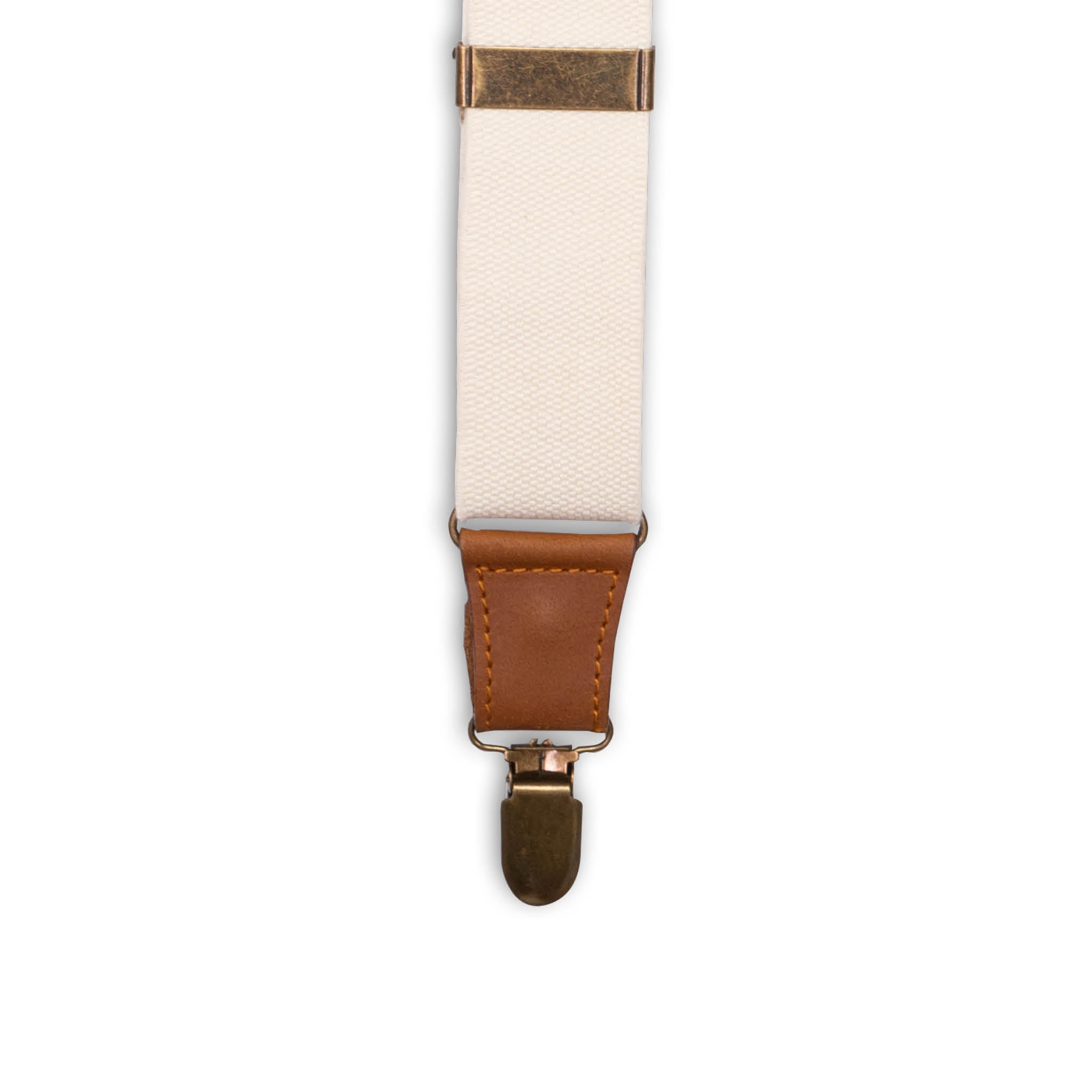 Close-up of Brass metal Clip with Camel Brown Authentic Nubuck Leather Connector on Wiseguy Duck Suspenders.