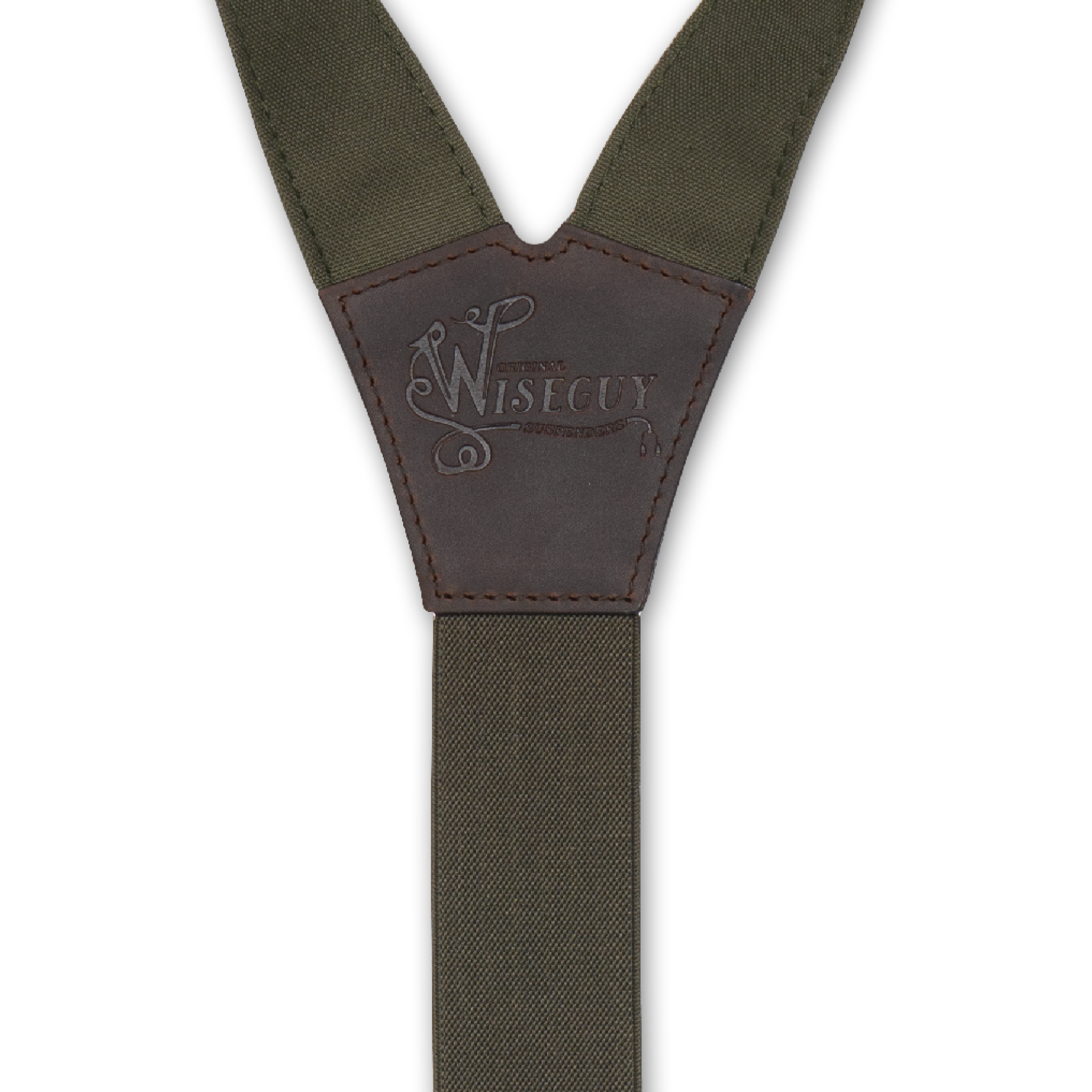 Back detail of Khaki Green Wiseguy Mad Dog Suspenders with embossed logo on Dark Brown Authentic Nubuck Leather Connector