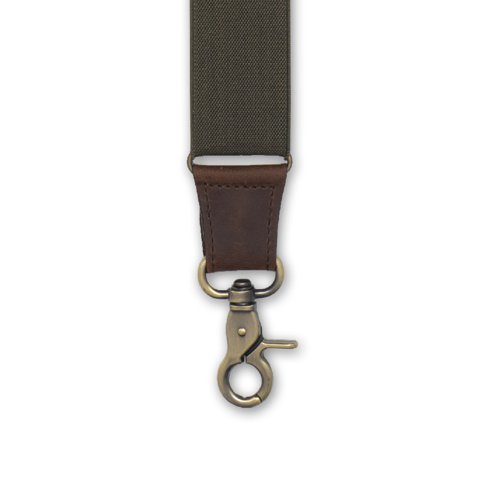 Close-up of Brass Metal Hook with Dark Brown Authentic Nubuck Leather connector on Wiseguy Mad Dog suspenders