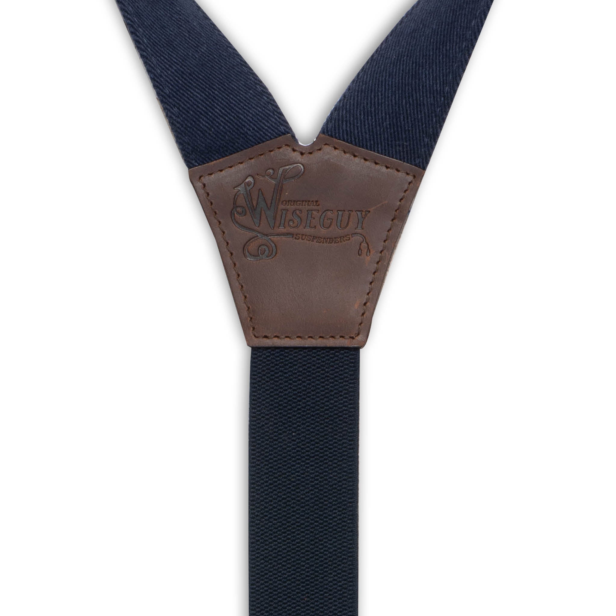 Back detail of Navy Blue Wiseguy Duck Suspenders with embossed logo on Dark Brown Authentic Nubuck Leather Y-connector