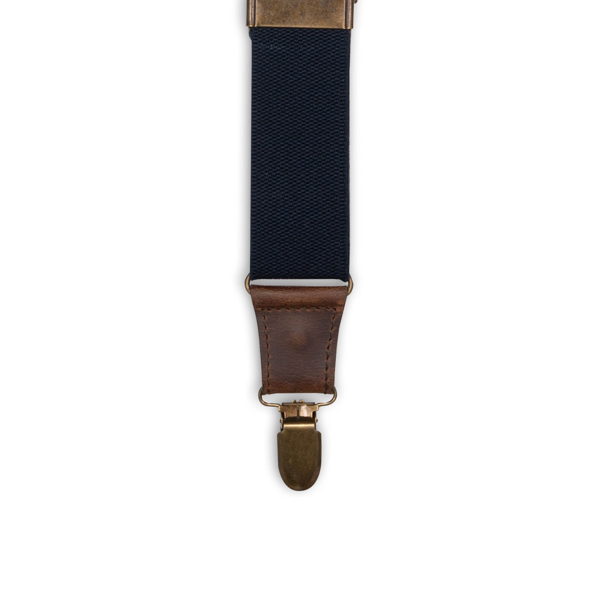 Close-up of Brass Metal Clip with Dark Brown Authentic Nubuck Leather connector on Wiseguy Duck Suspenders