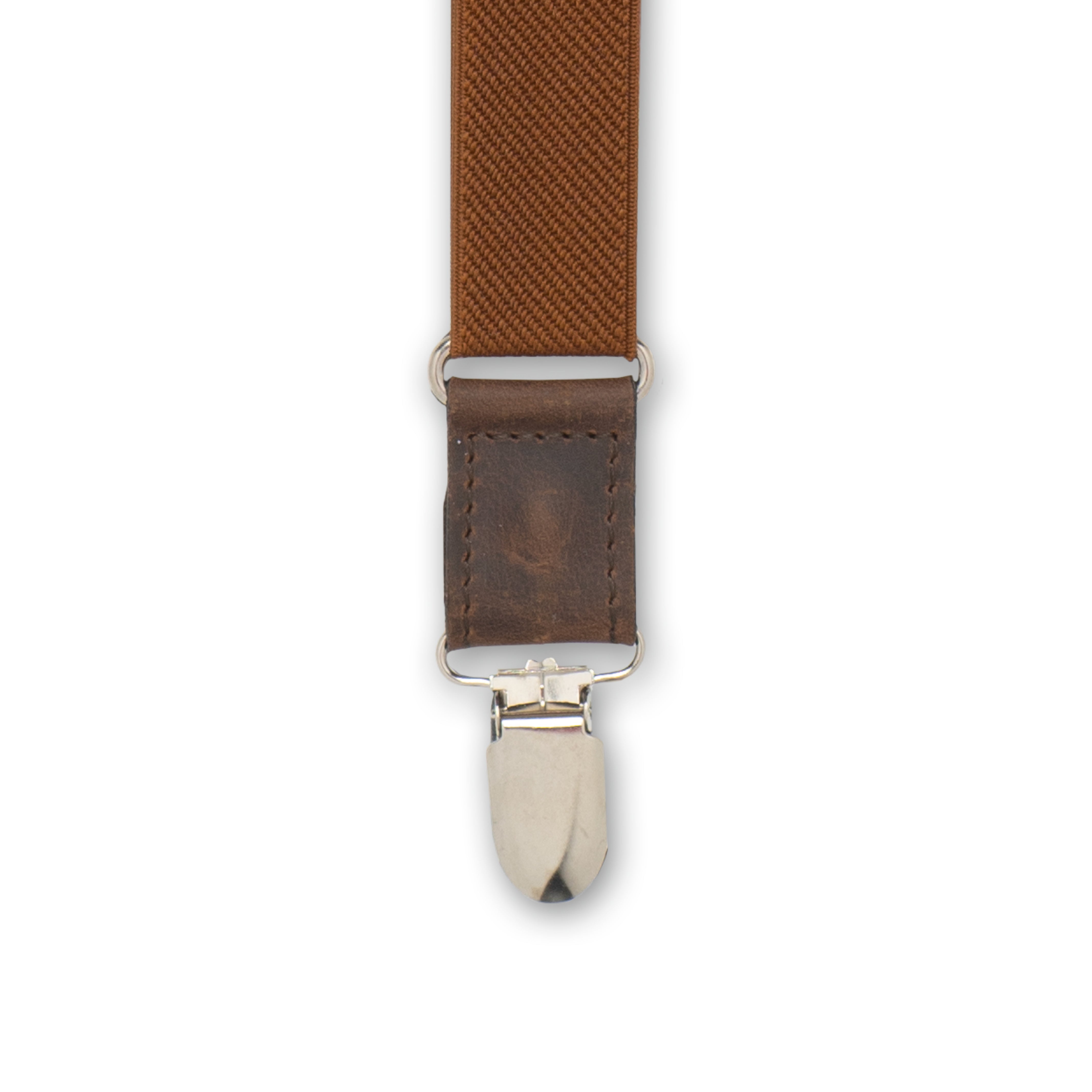 Close-up of Silver Metal Clip with Dark Brown Authentic Nubuck Leather Connector On Wiseguy Essential Suspenders.