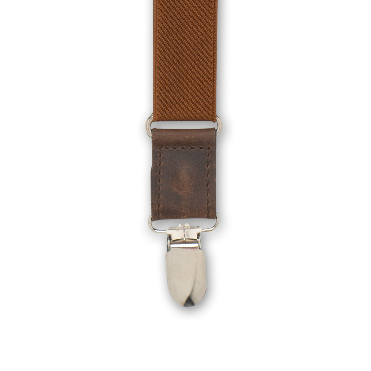 Close-up of Silver Metal Clip with Dark Brown Authentic Nubuck Leather Connector On Wiseguy Essential Suspenders.