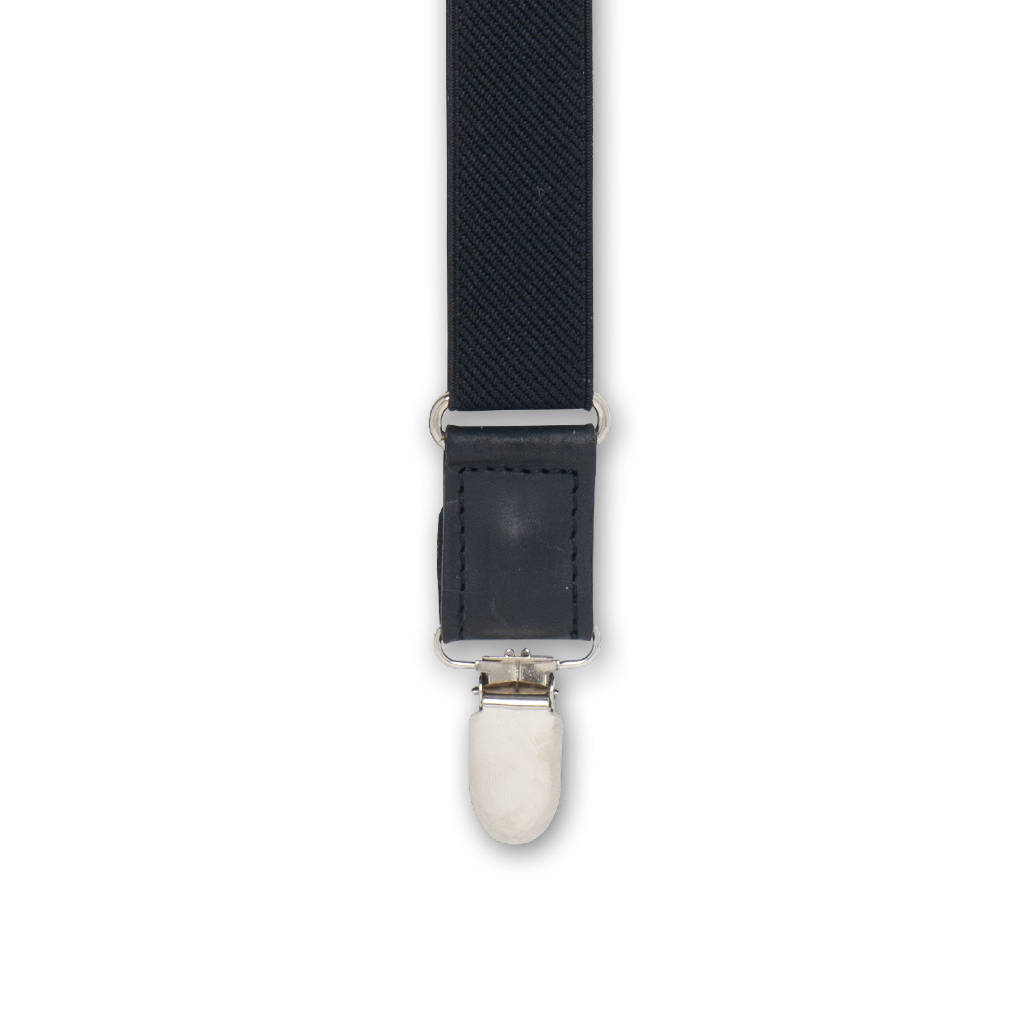 Close-up of Silver Metal Clip with Authentic Nubuck Black leather connector on Wiseguy Essential Suspenders