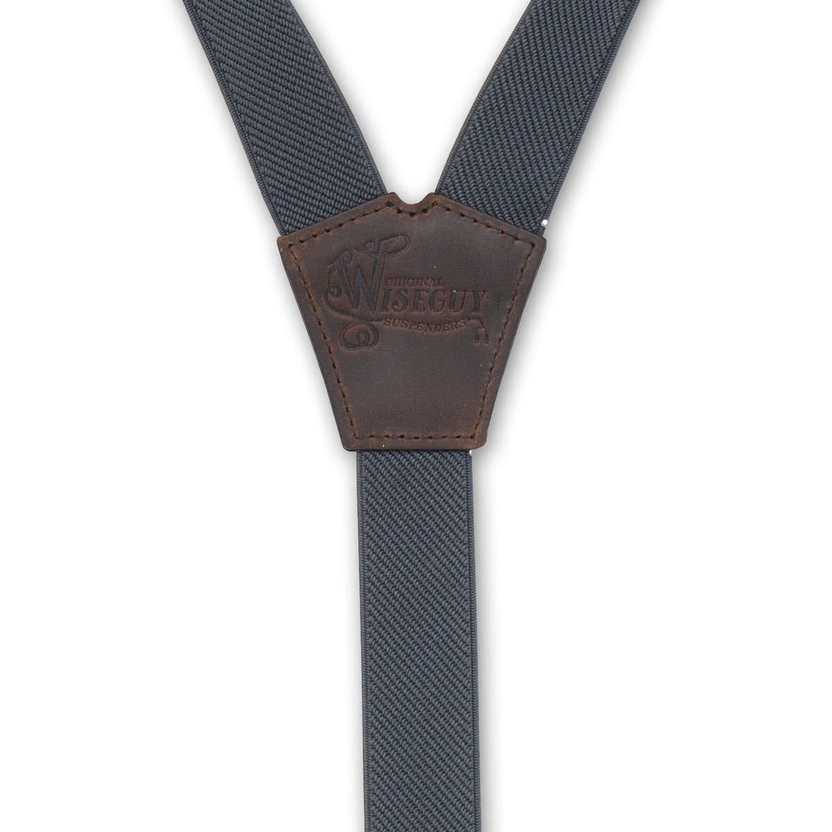 Back detail of Gray Wiseguy Essential Suspenders with Embossed logo on Dark Brown Authentic Nubuck Leather Y-connector.