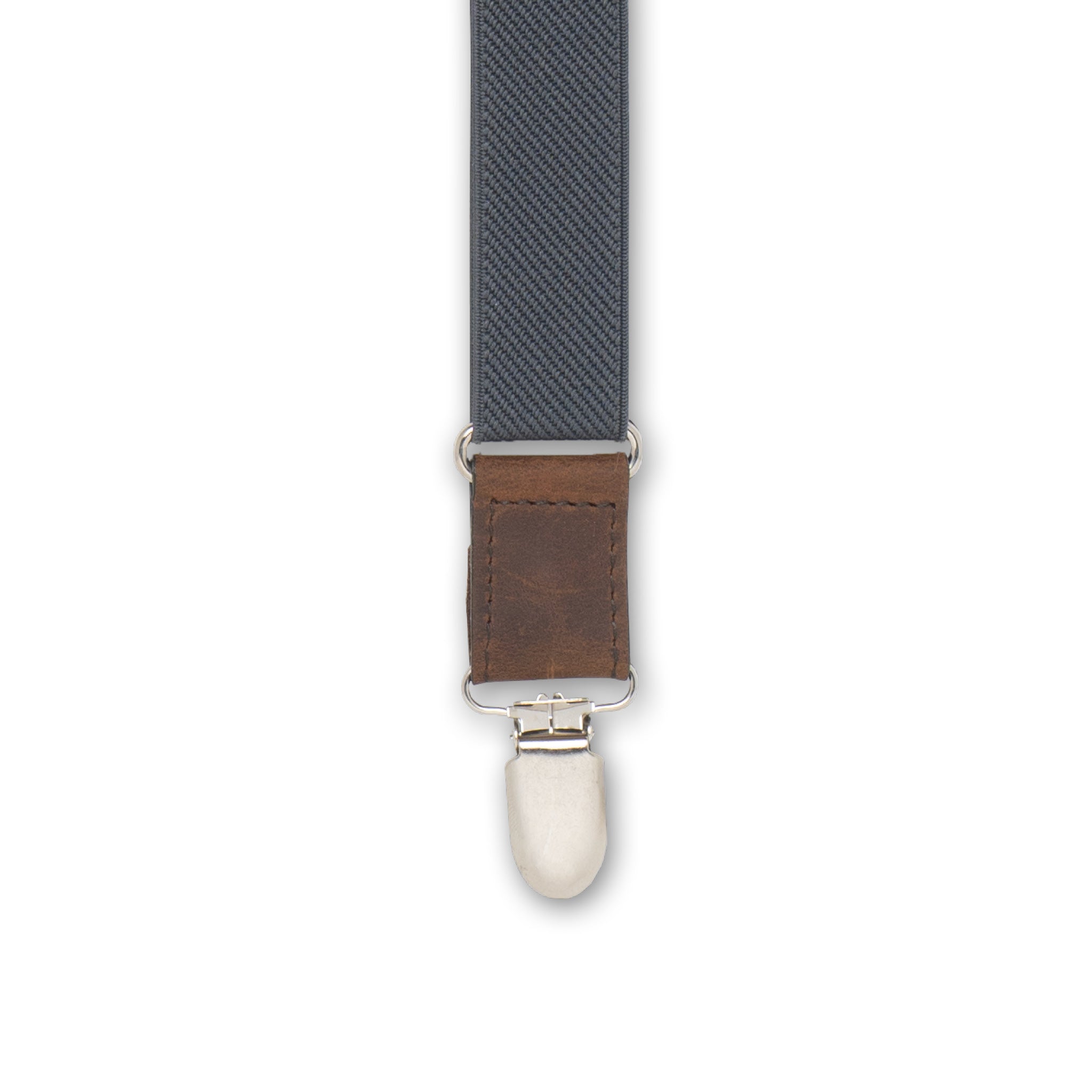 Close-up of Silver Metal Clip with Dark Brown Authentic Nubuck Leather connector on Wiseguy Essential Suspenders.