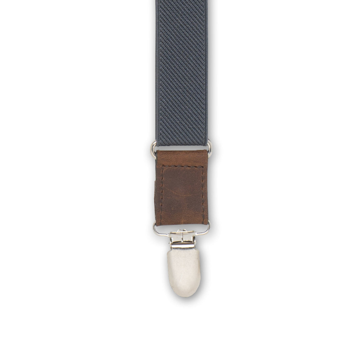 Close-up of Silver Metal Clip with Dark Brown Authentic Nubuck Leather connector on Wiseguy Essential Suspenders.