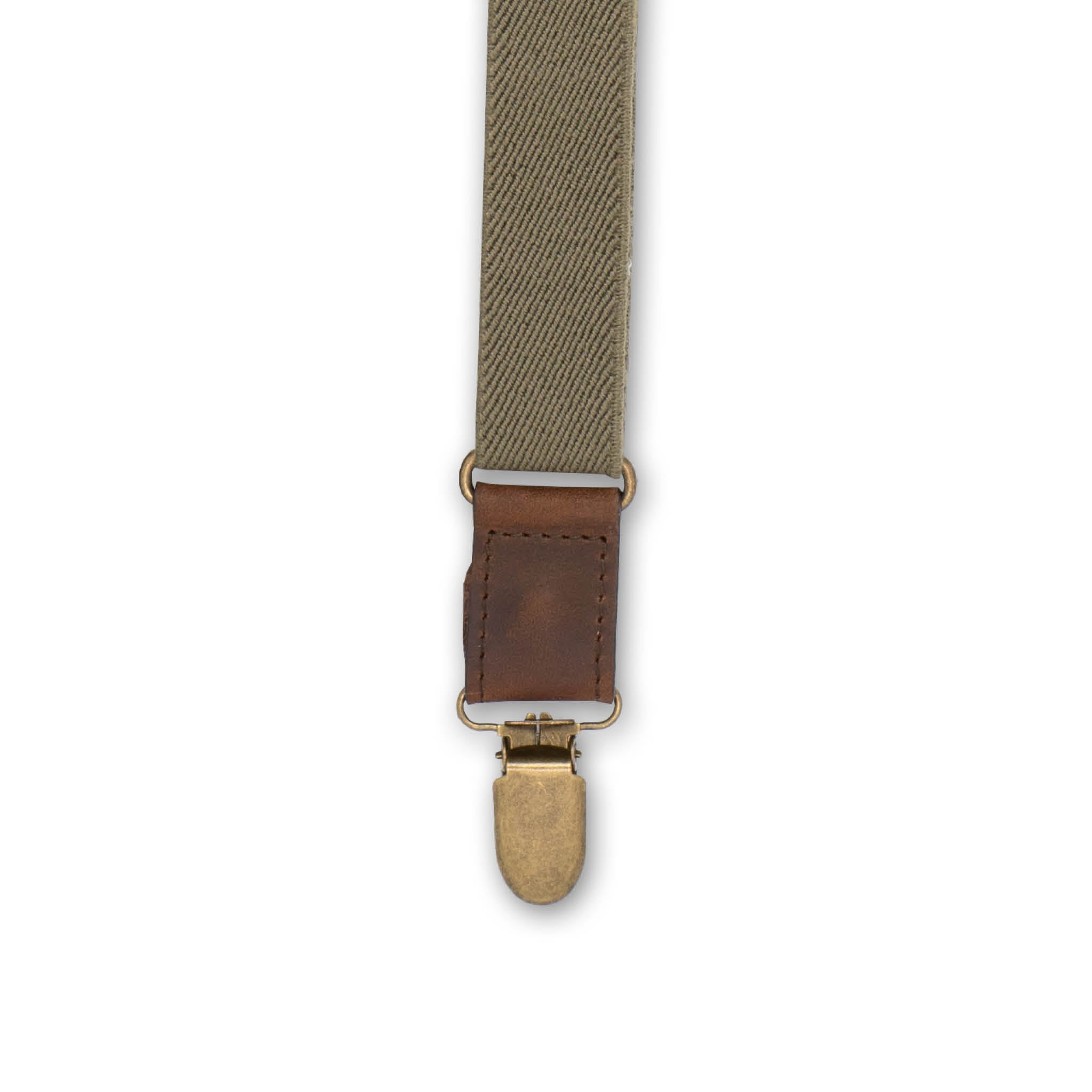 Close-up of Brass Metal Clip with Dark Brown Authentic Nubuck Leather connector on Wiseguy Essential Suspenders