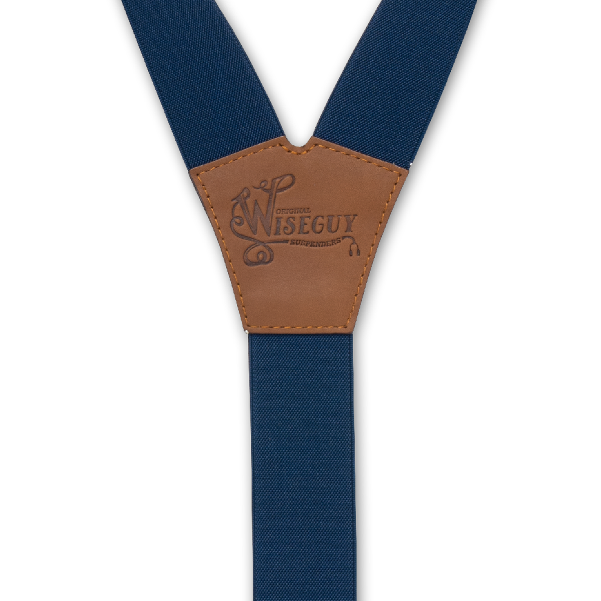 Back detail of Navy Blue Wiseguy Essential Suspenders with embossed logo on Camel Brown Authentic Nubuck Leather Connector