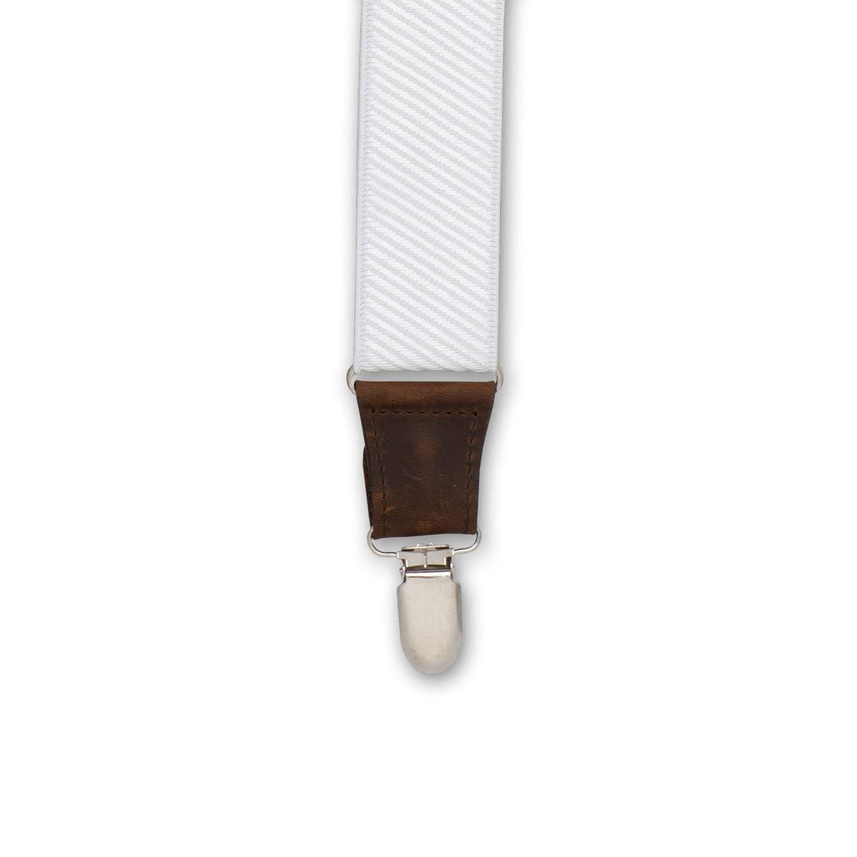 Close-up of Silver Metal Clip with Dark Brown Authentic Nubuck Leather connector on Wiseguy Essential Suspenders