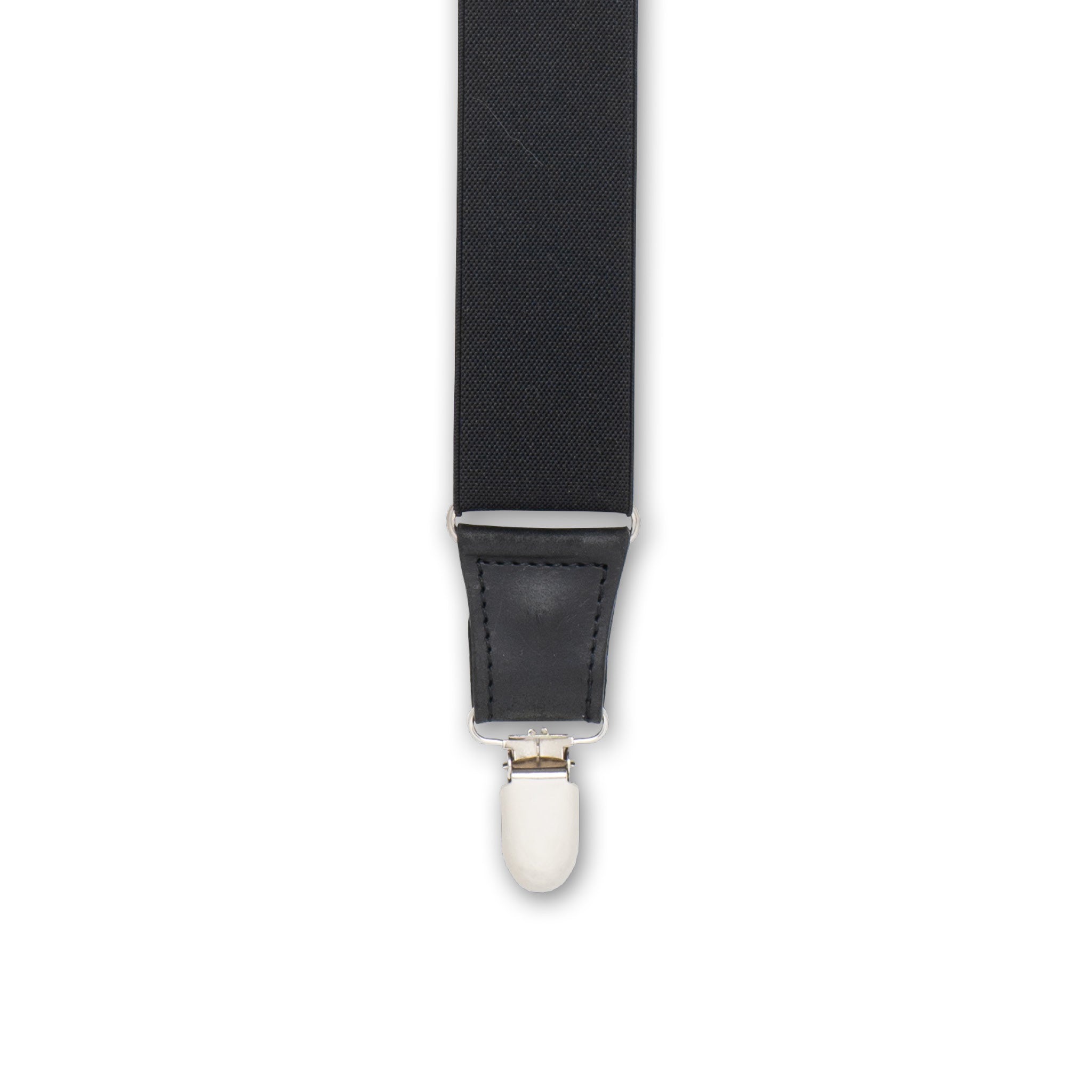 Close-up of Silver metal parts with Authentic Nubuck Black leather connector on Soul Black Wiseguy Essential Suspenders