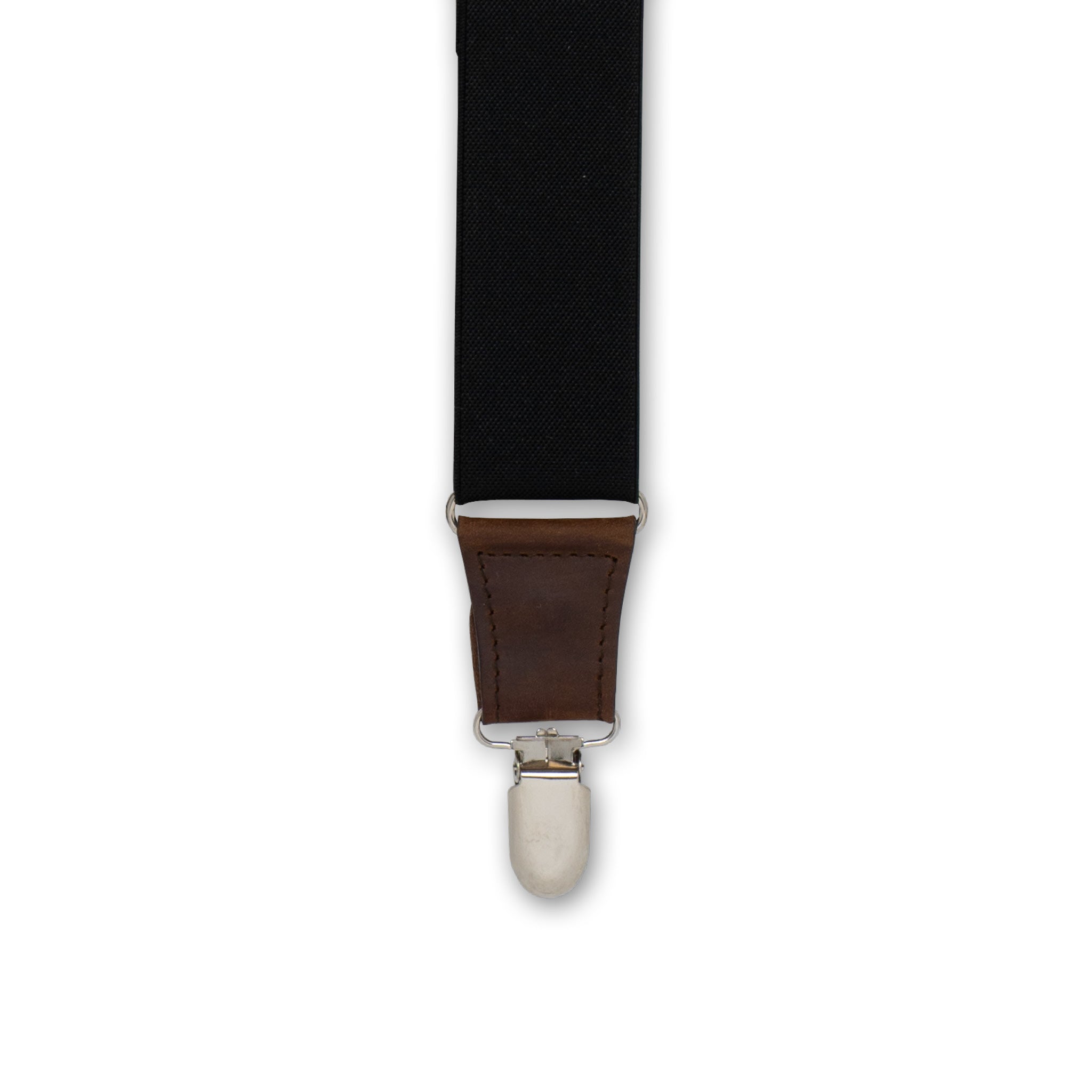 close-up of Silver Metal Clip with Dark Brown Authentic Nubuck Leather connector on Wiseguy Elastic Suspenders
