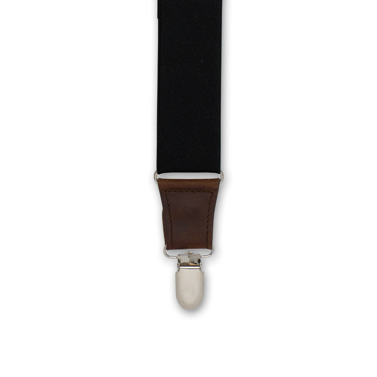 close-up of Silver Metal Clip with Dark Brown Authentic Nubuck Leather connector on Wiseguy Elastic Suspenders