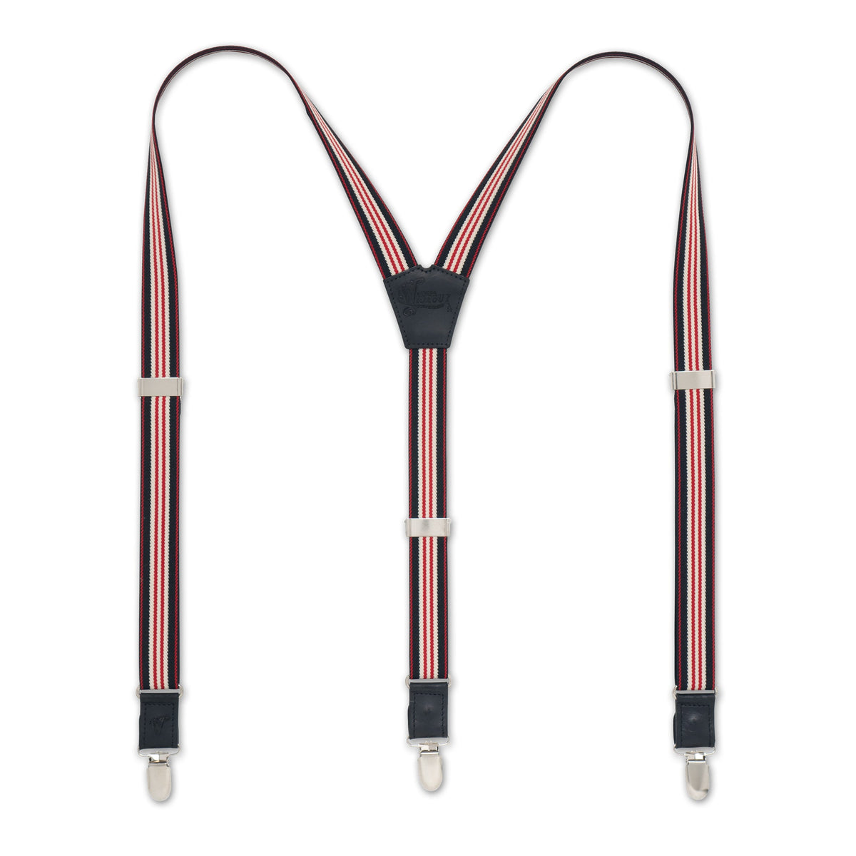 Flat Lay of Black Striped Wiseguy Racing Suspenders with Black Authentic Nubuck Leather parts and European Elastic Webbing straps, Silver Metal Hardware and Y-back design