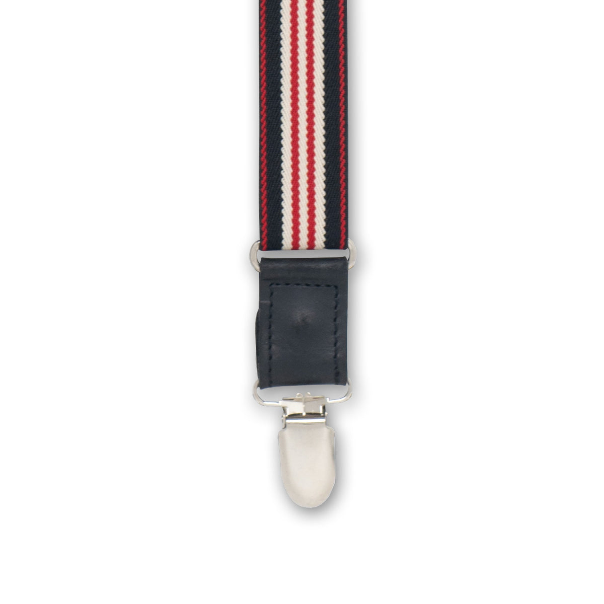 Close-up of Silver Metal Clip with Black Authentic Nubuck Leather connector on Wiseguy Racing Suspenders
