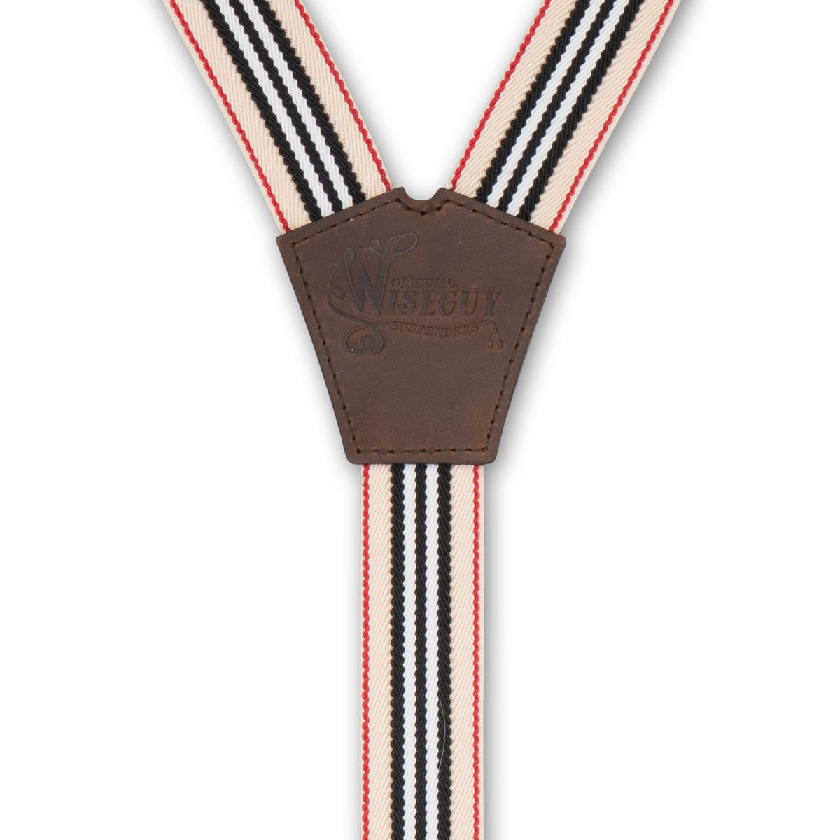 Back detail of Striped Wiseguy Racing Suspenders with embossed logo on Authentic Nubuck Dark Brown Leather Y-Connector