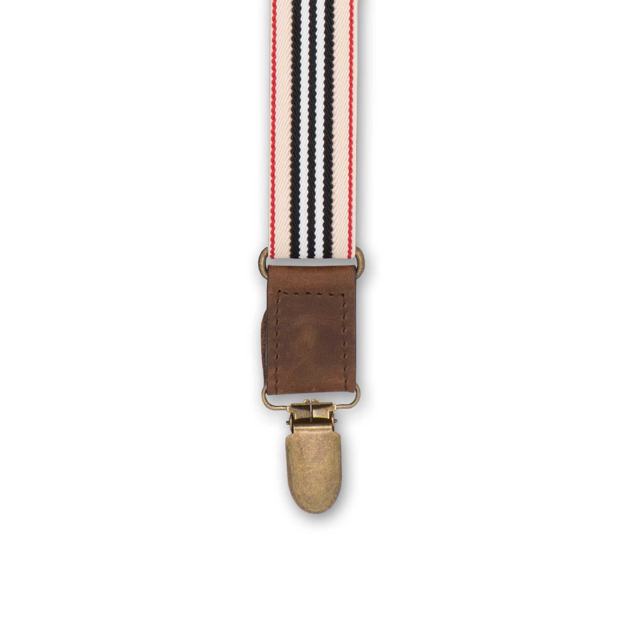 Close-up of brass metal clip with Authentic Nubuck Dark Brown Leather connector on Striped Wiseguy Racing Suspenders