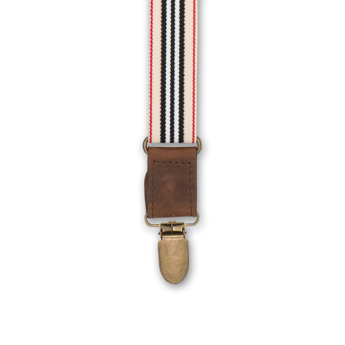 Close-up of brass metal clip with Authentic Nubuck Dark Brown Leather connector on Striped Wiseguy Racing Suspenders