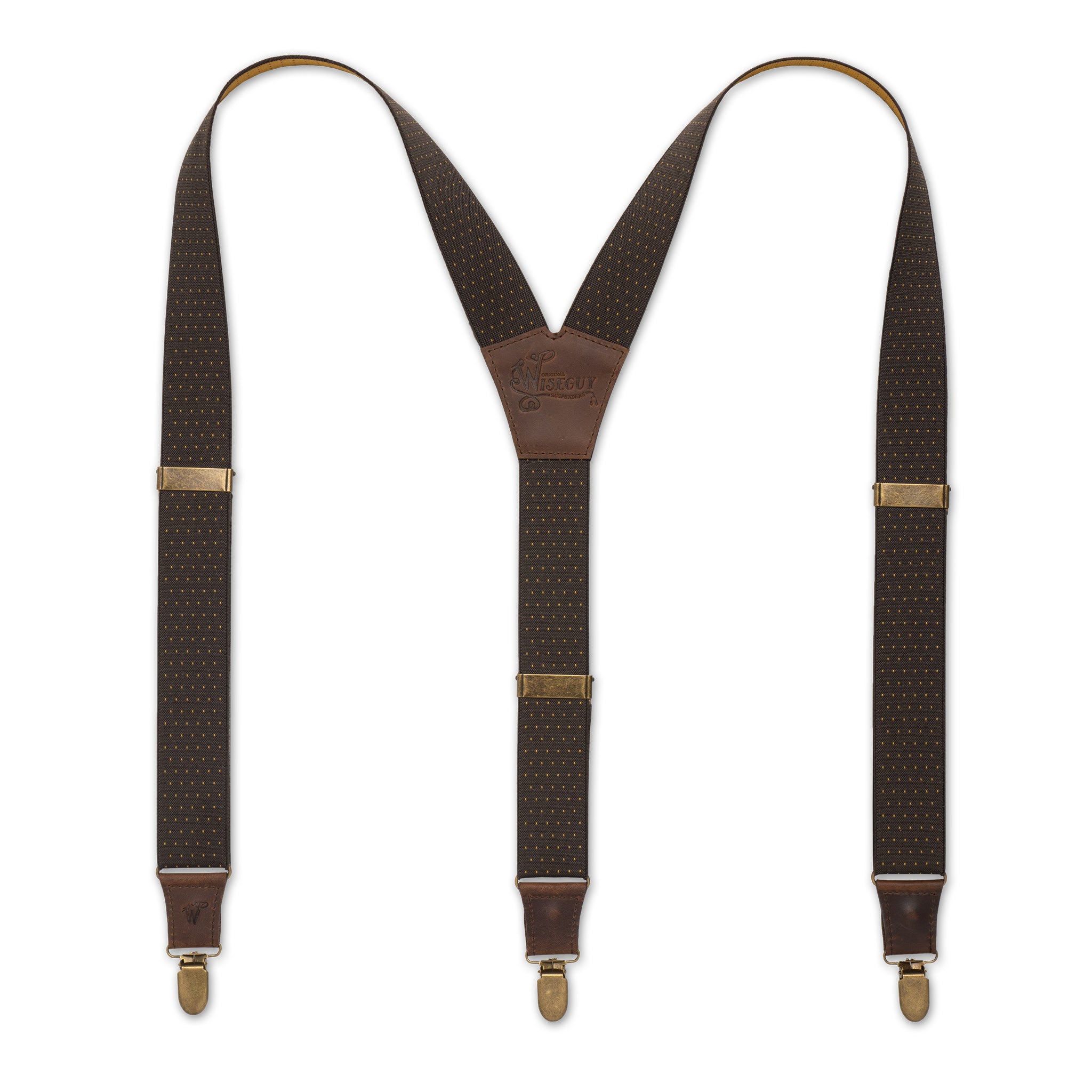 Flat lay of Brown polka dot Wiseguy Dapper suspenders with Dark Brown Authentic Nubuck Leather parts and European Elastic webbing straps, Brass metal parts and Y-back design