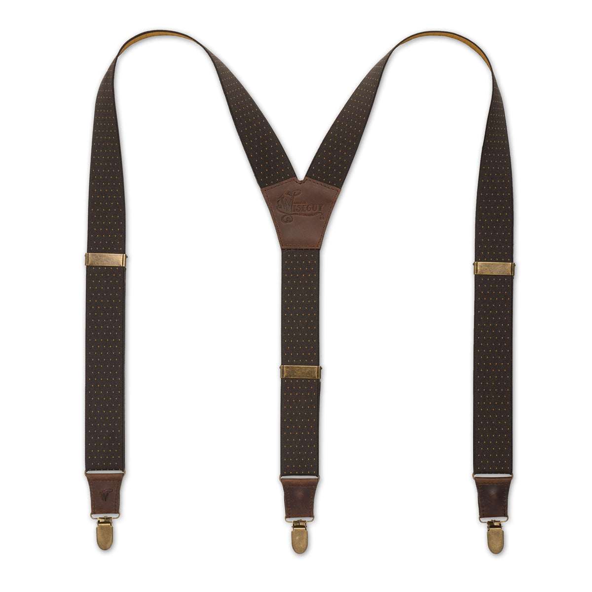 Flat lay of Brown polka dot Wiseguy Dapper suspenders with Dark Brown Authentic Nubuck Leather parts and European Elastic webbing straps, Brass metal parts and Y-back design