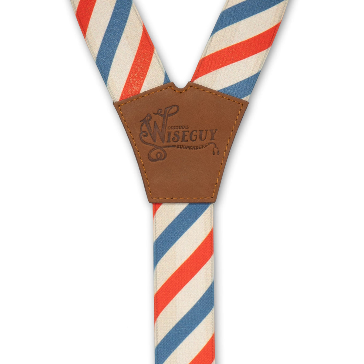 Back detail of Wiseguy Essential Suspenders with embossed logo on Camel Brown Authentick Nubuck Leather Y-connector