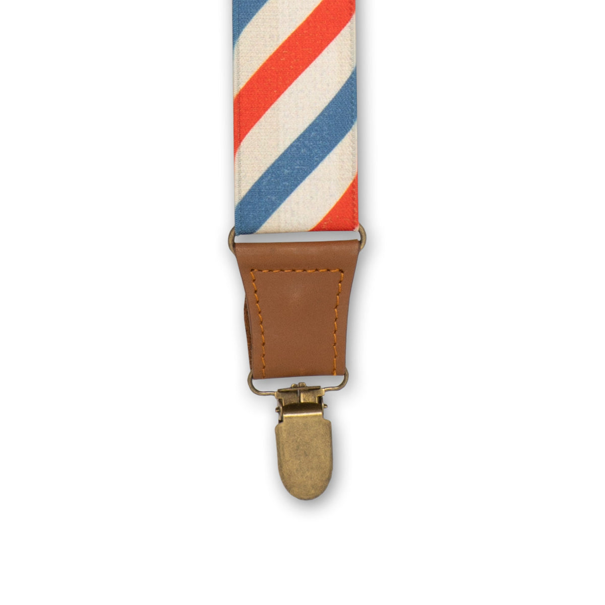 Close-up of brass colored clip with Camel Brown Authentic Nubuck Leather connecter on Wiseguy Essential Suspenders