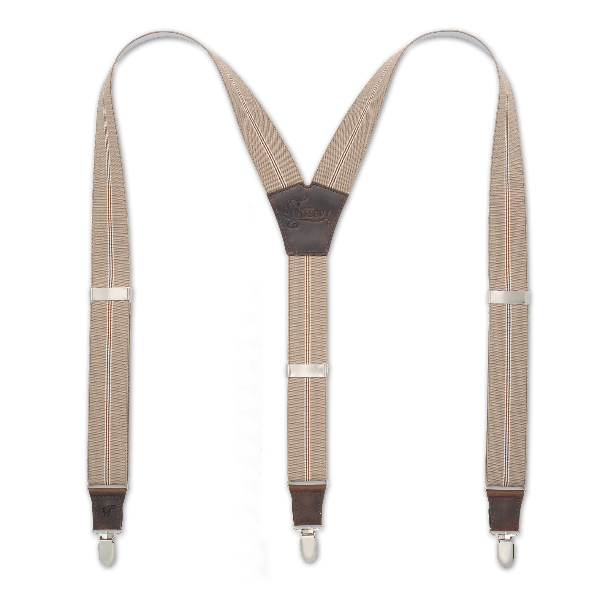 Flat lay of Beige Striped Wiseguy Dapper Suspenders with Dark Brown Authentic Nubuck Leather parts and European Elastic Webbing Straps, Silver Metal Parts and Y-back design