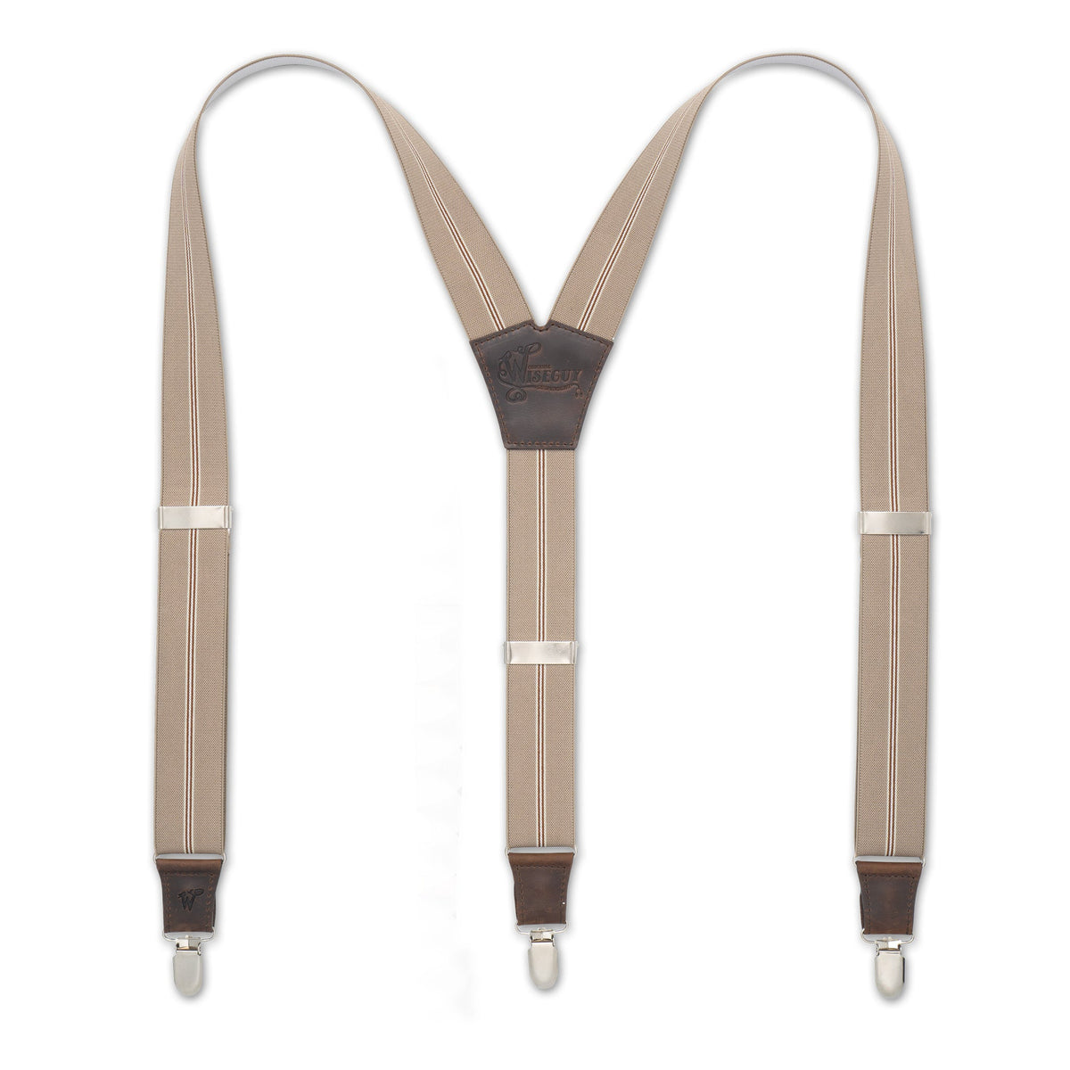 Flat lay of Beige Striped Wiseguy Dapper Suspenders with Dark Brown Authentic Nubuck Leather parts and European Elastic Webbing Straps, Silver Metal Parts and Y-back design