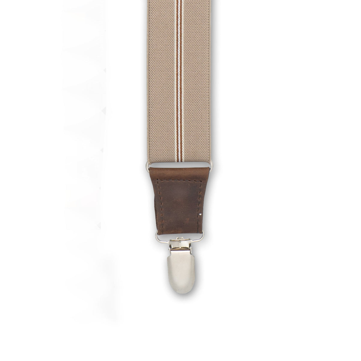 Close-up of Silver Metal Clip with Dark Brown Authentic Nubuck Leather connector on Wiseguy Dapper Suspenders