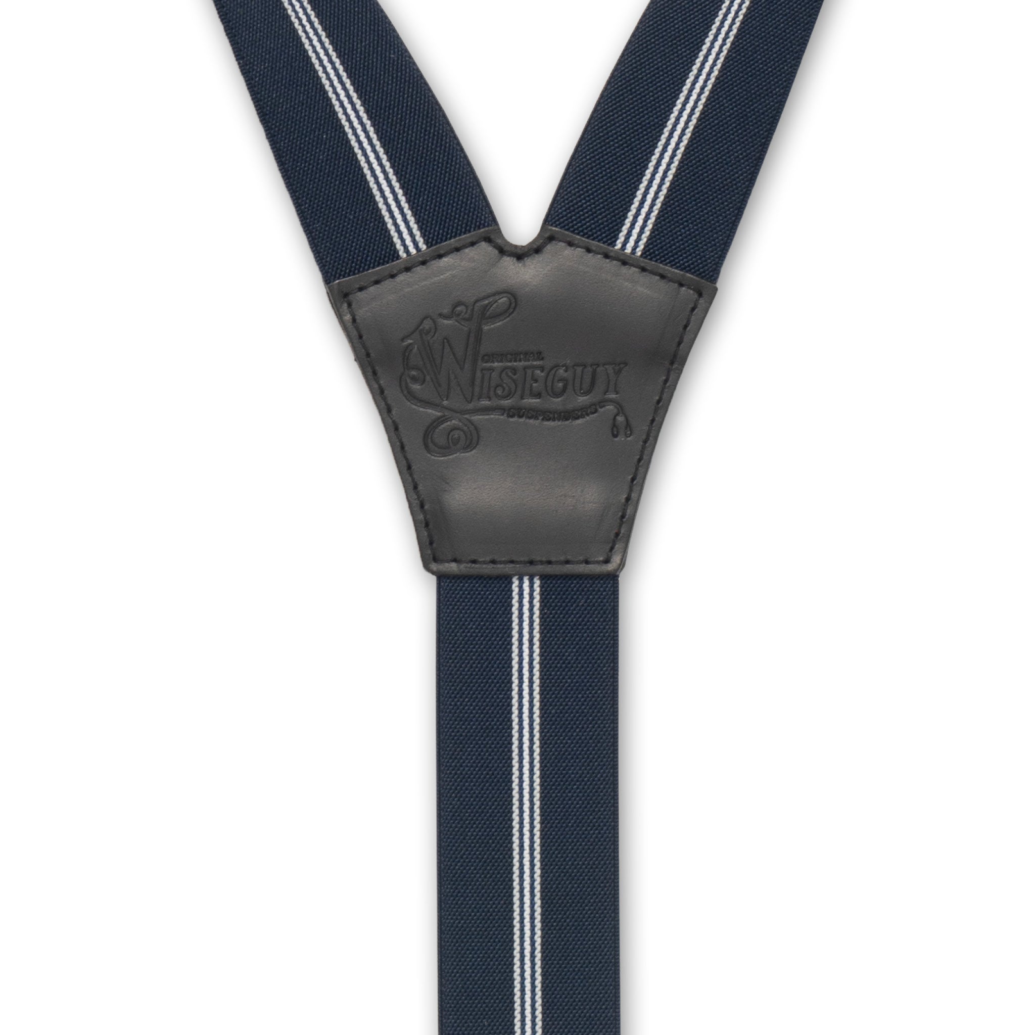 Back detail of Blue Striped Wiseguy Dapper Suspenders with embossed logo on Black Authentic Nubuck Leather Y-connector.