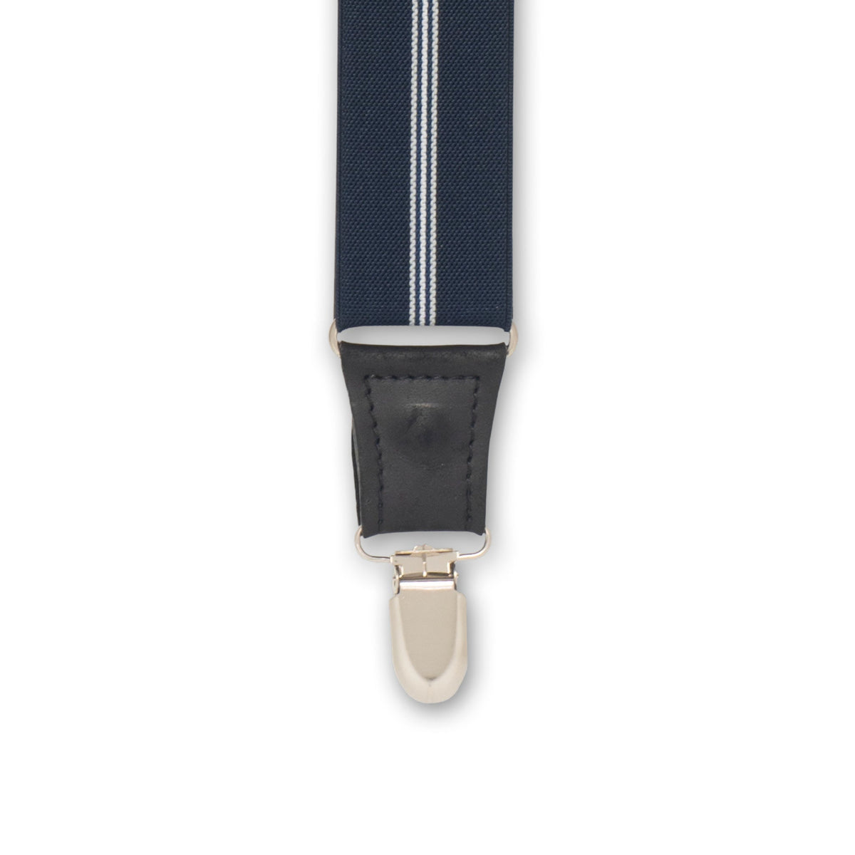 Close-up of Silver Metal Clip with Black Authentic Nubuck Leather Connector on Wiseguy Dapper Suspenders.