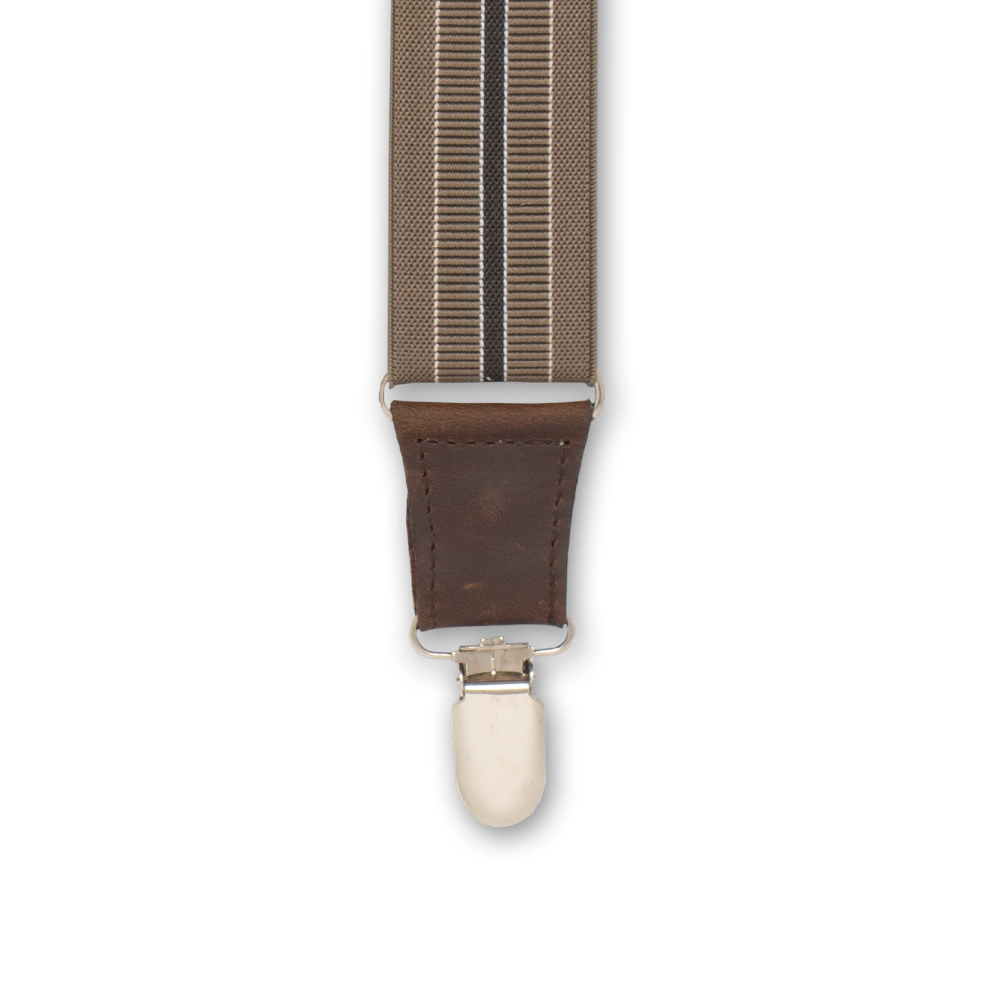 Close-up of Silver Metal Clip with Dark Brown Authentic Nubuck Leather connector on Brown Striped Wiseguy Dapper Suspenders
