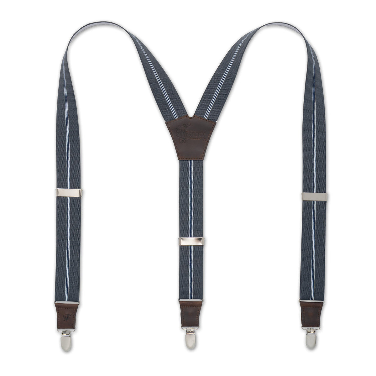 Flat lay of Gray Striped Wiseguy Dapper Suspenders with Authentic Nubuck Leather parts, European Elastic Webbing straps, Silver Metal Hardware and Y-back design.