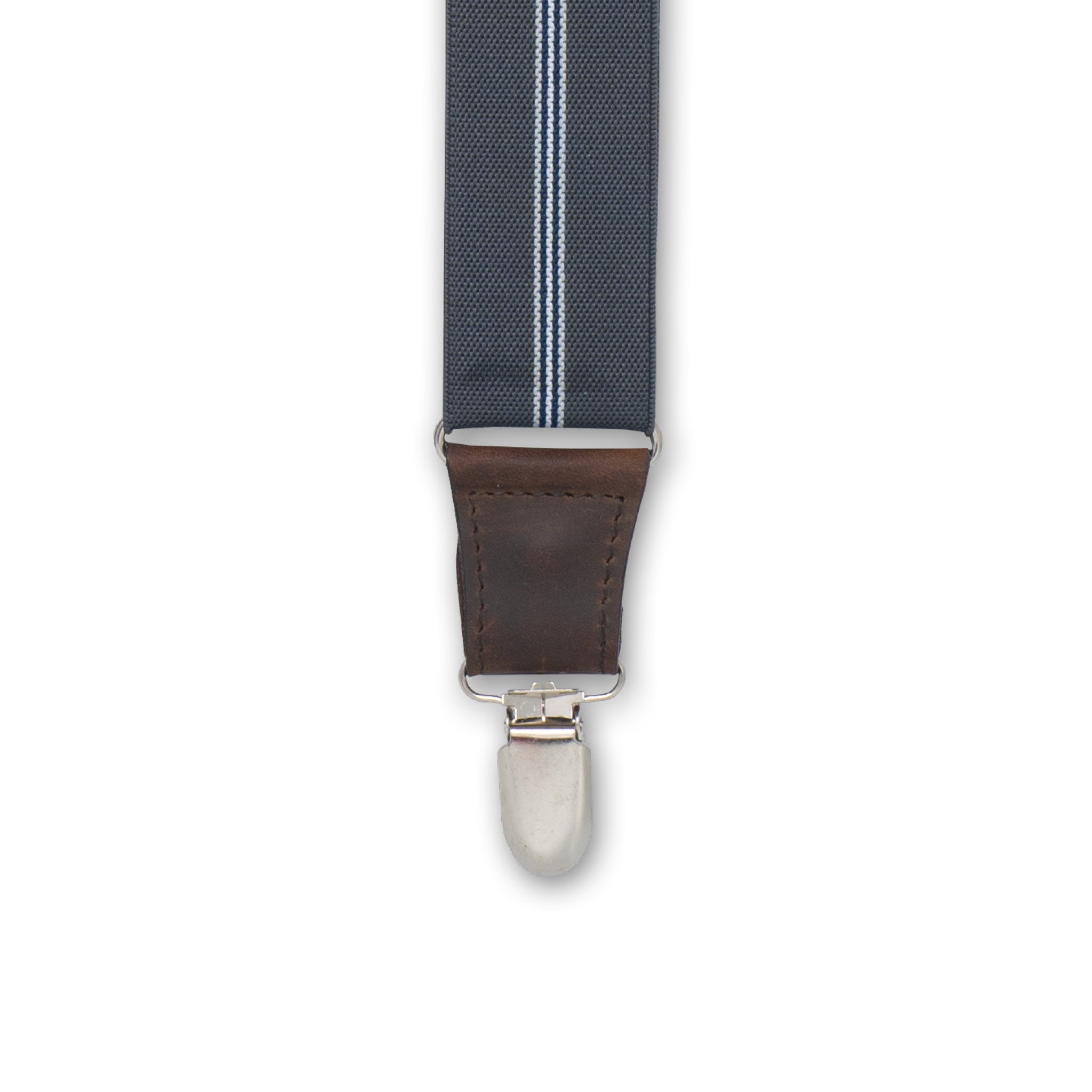 Close-up of Silver Metal Clip with Dark Brown Authentic Nubuck Leather Connector On Wiseguy Dapper Suspenders.