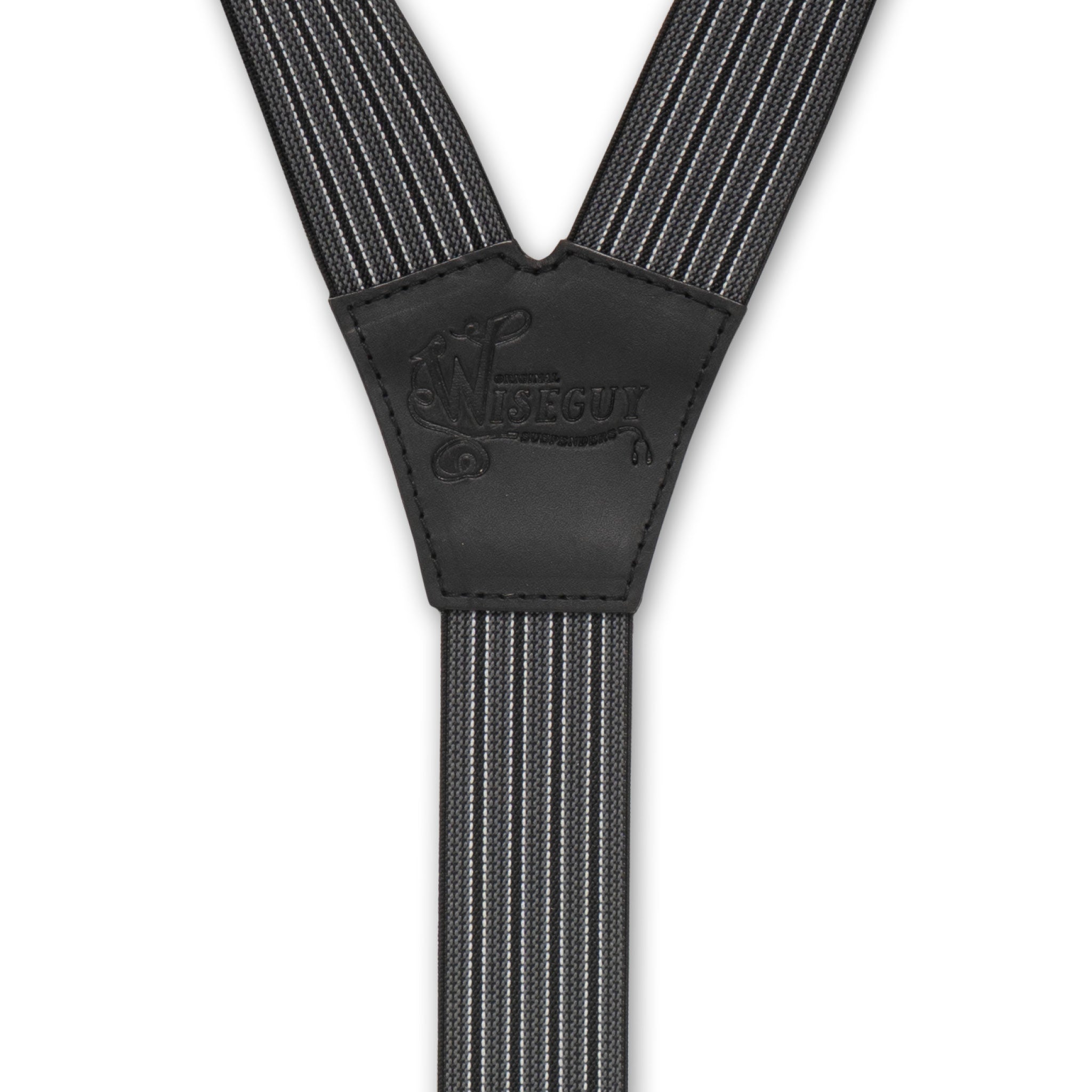 Back detail of Gray Striped Wiseguy Dapper Suspenders with embossed logo on Black Authentic Nubuck leather Y-connector
