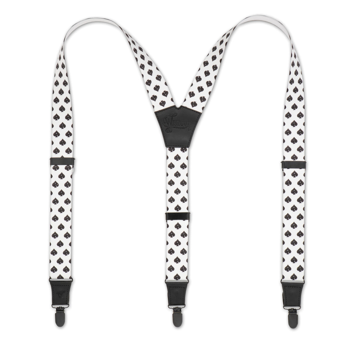 Flat lay of White Spade Wiseguy Essentials Suspenders with Black Authentic Nubuck Leather parts and European Elastic Webbing straps, Black metal parts and Y-back design