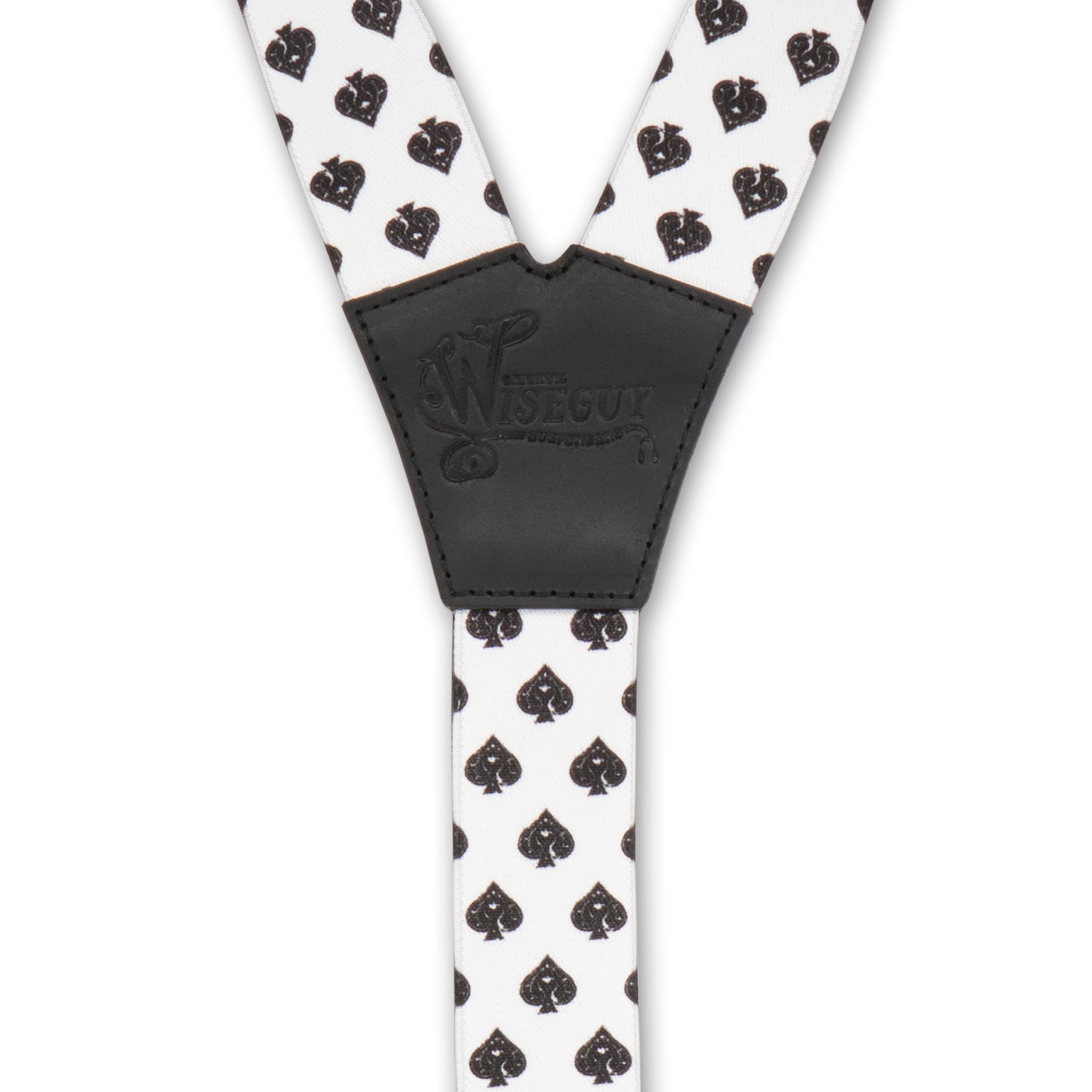 Back detail of White Spades Wiseguy Essential Suspenders with embossed logo on Black Authentic Nubuck Leather Y-connector