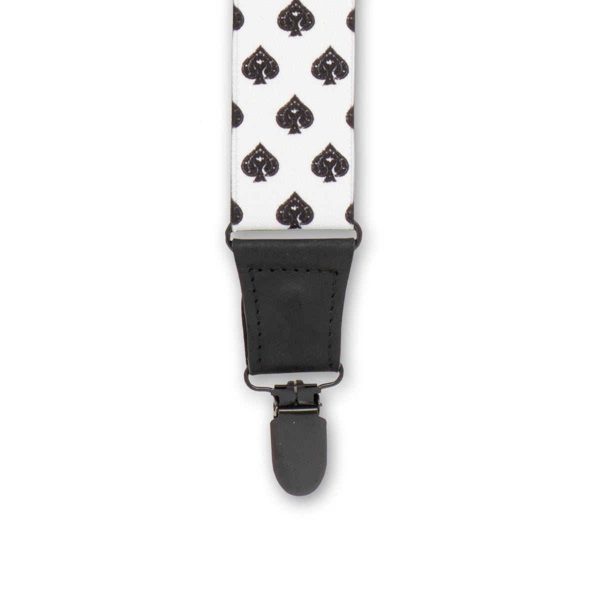 Close-up of Black Metal Clip with Black Authentic Nubuck Leather connector on Wiseguy Essential Suspenders