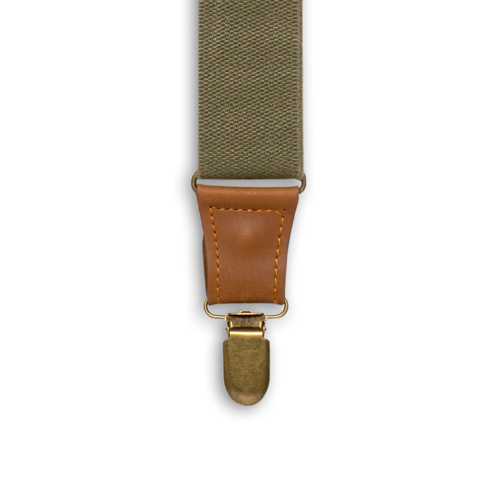 Close-up of Brass Metal Clip with Camel Brown Authentic Nubuck Leather Connector on Wiseguy Crazy Horse Flex Suspenders.