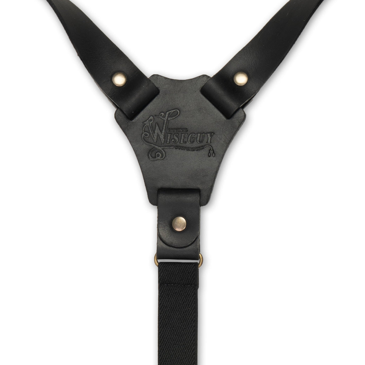 Back detail of Black Wiseguy Crazy Horse Flex Suspenders with Black Authentic Nubuck Leather Y-connector and Brass Metal Studs