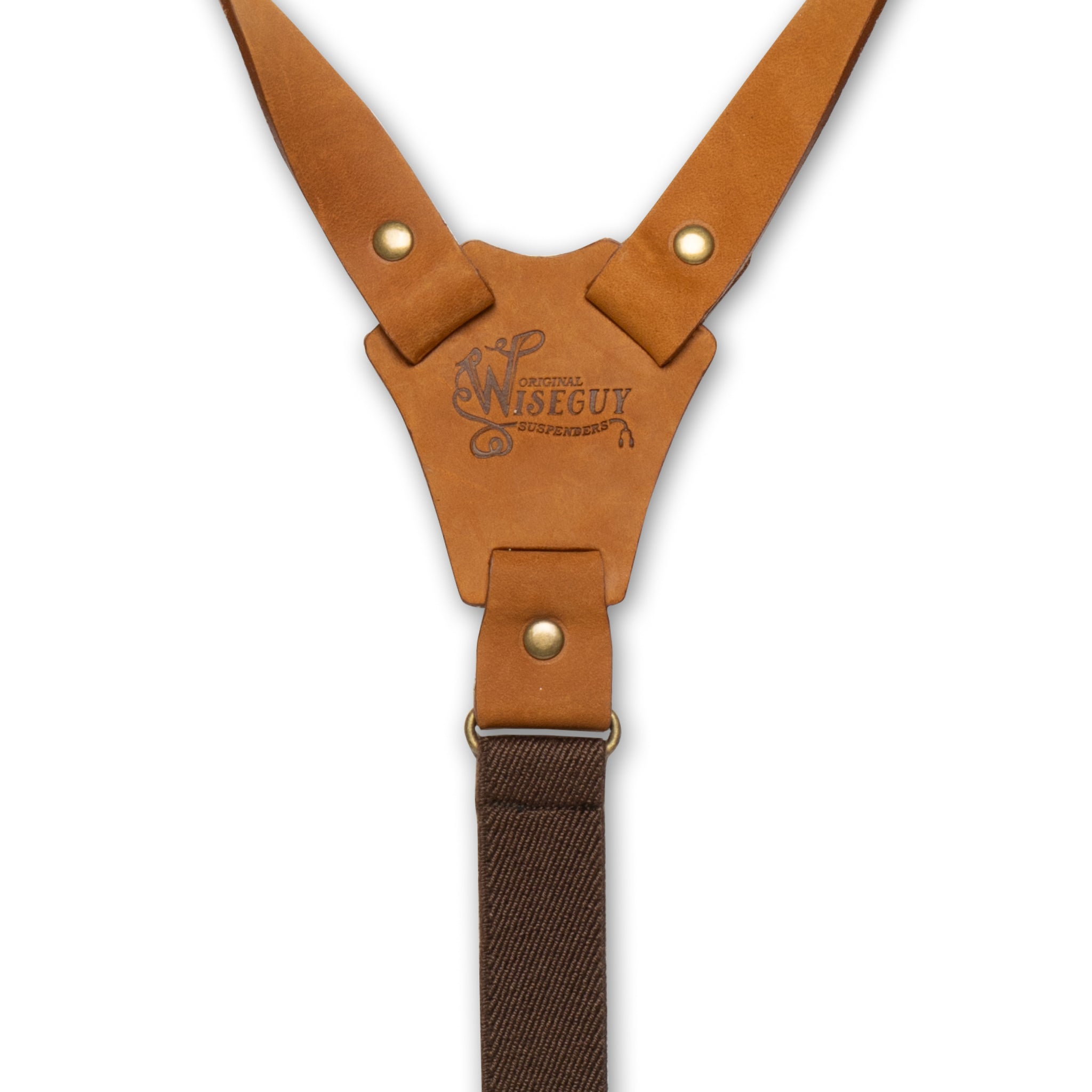 Back detail of Brown Wiseguy Crazy Horse Flex Suspenders with Logo embossed on Camel Brown Authentic Nubuck Leather Y-connector and brass metal studs.