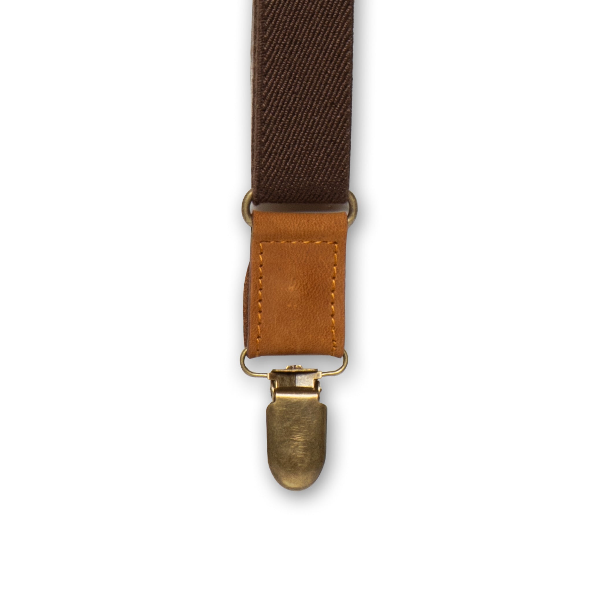 Close-up of brass metal clip with camel brown authentic Nubuck leather connector on Wiseguy Crazy Horse Flex suspenders.