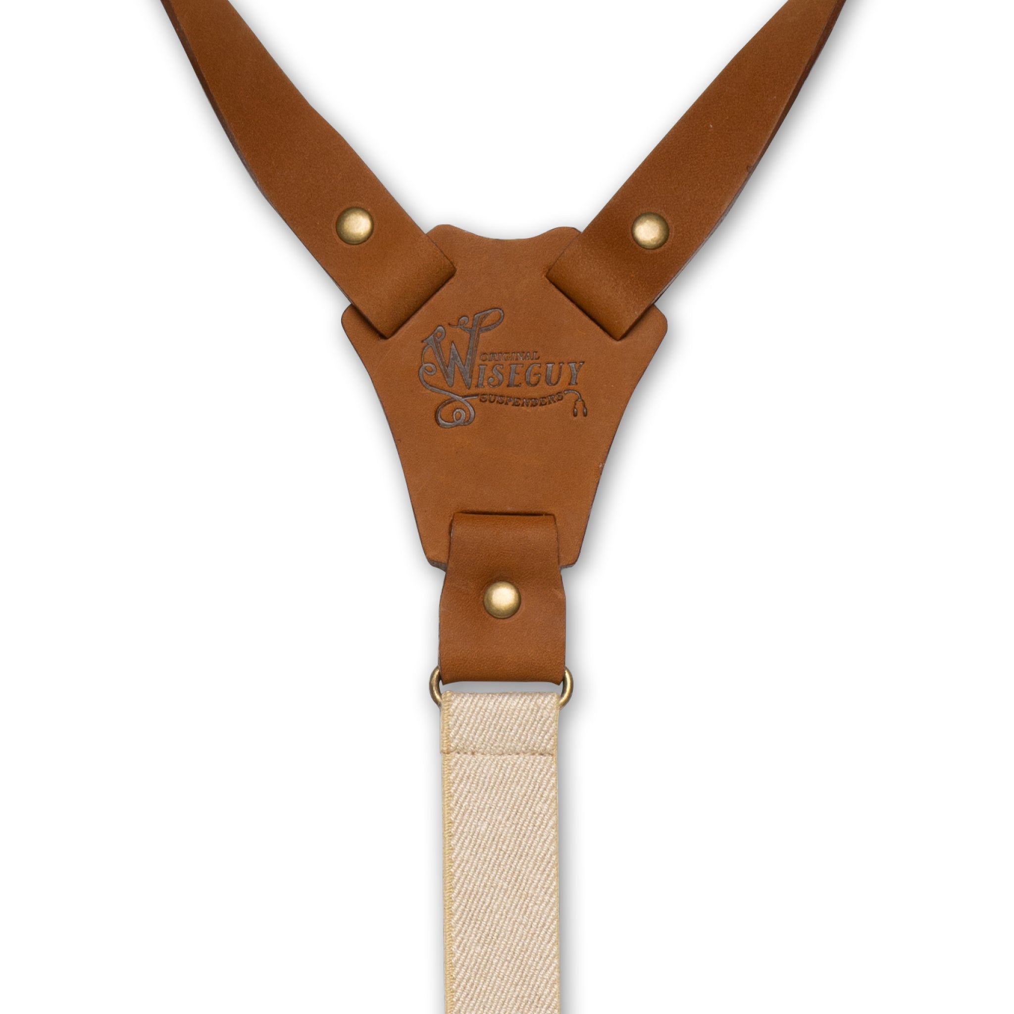 Back detail of Beige Wiseguy Crazy Horse Flex Suspenders with logo embossed on Camel Brown Authentic Nubuck Leather Y-connector with brass metal studs.